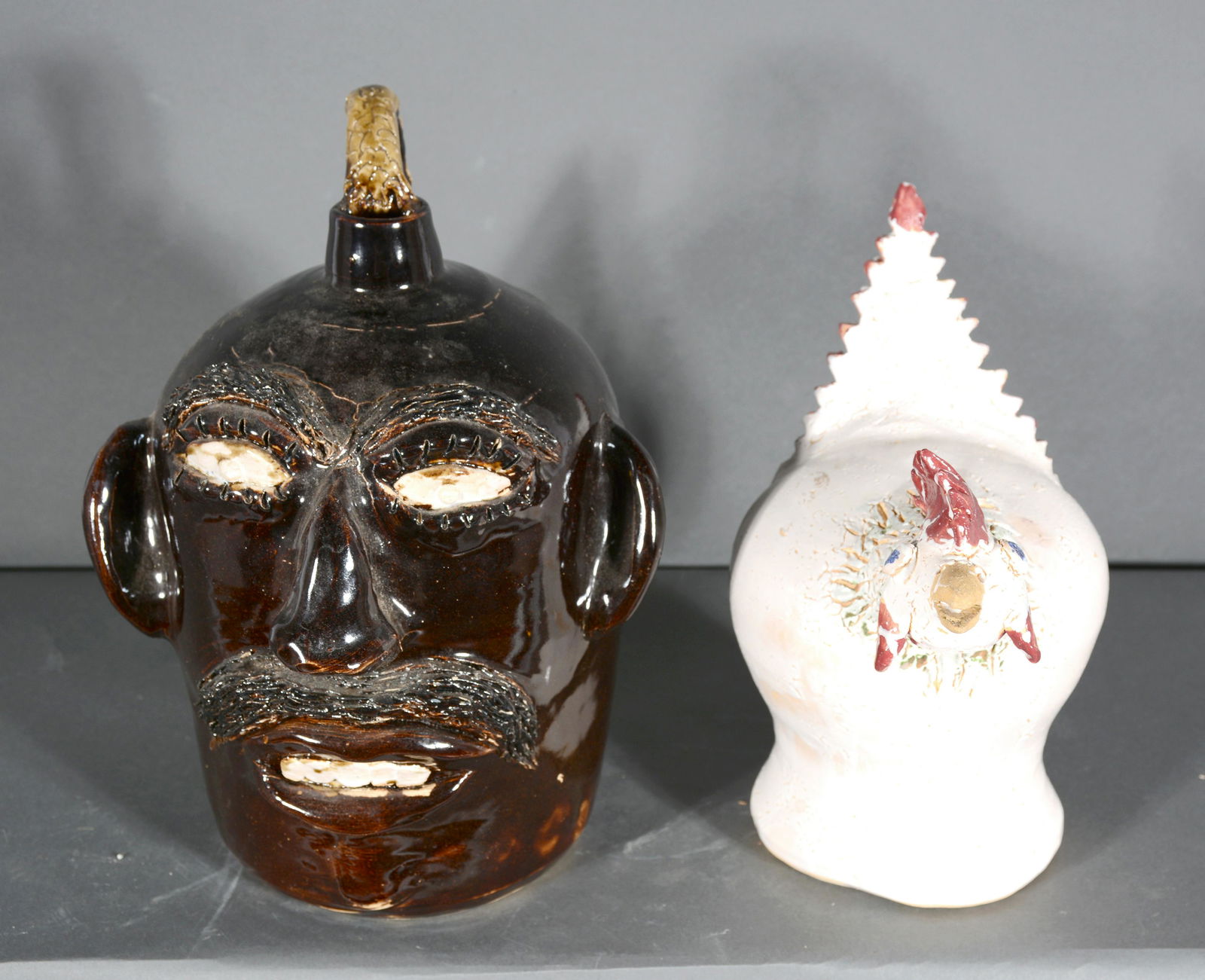 Jerry Brown. Face Jug With Snake Handle &  Rooster. (1 of 3)