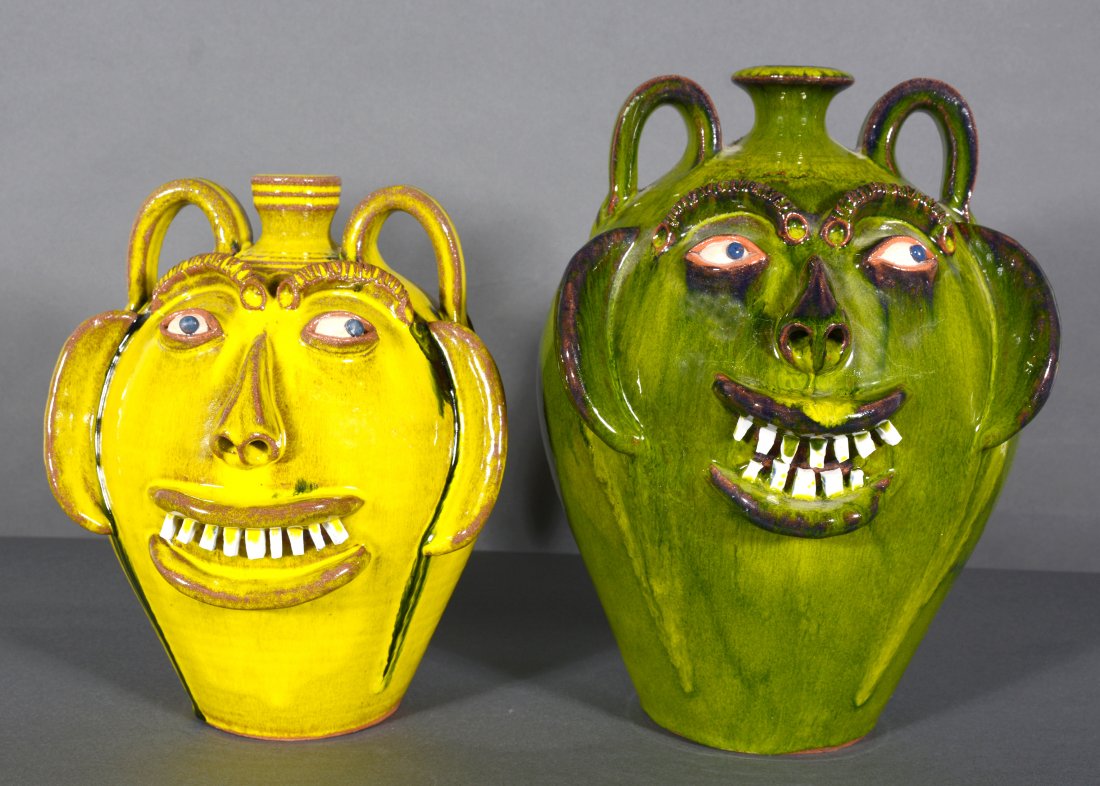 A.V. Smith. Green & Yellow Face Jugs. (1 of 4)