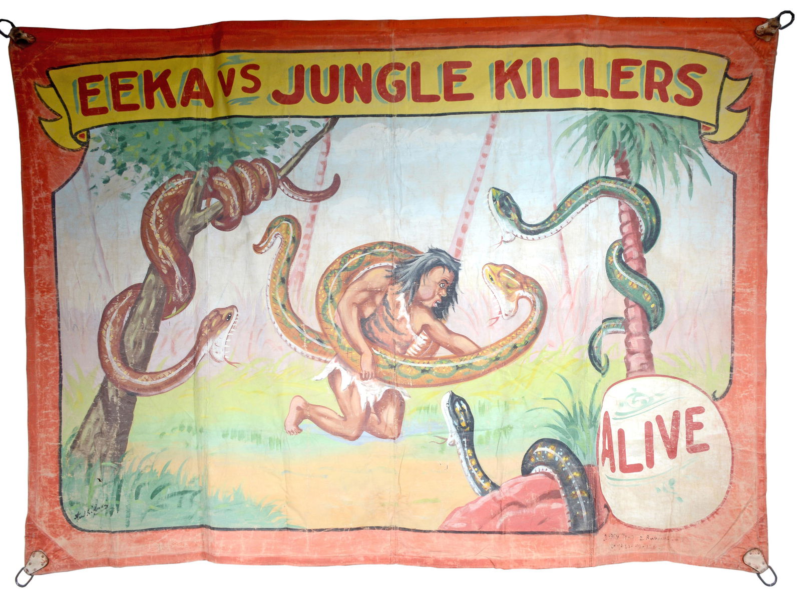 Fred Johnson. Eeka Vs. Jungle Killers Circus Banner.: Fred Johnson. Eeka Vs. Jungle Killers Circus Banner. c. 1940s. Signed. Oil on heavy canvas with original leather and metal rings. Expected wear, otherwise great condition. 111" w x 80"h. Provenance: C