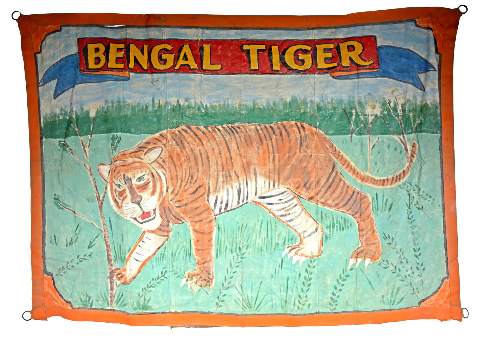 Side Show Banner. Bengal Tiger.: Side Show Banner. Bengal Tiger. c. 1940s. Not signed. Oil on heavy canvas with original metal hanging rings. Expected wear with minor tear at top, otherwise great condition. 117" w x 85"h. Est. $1,500