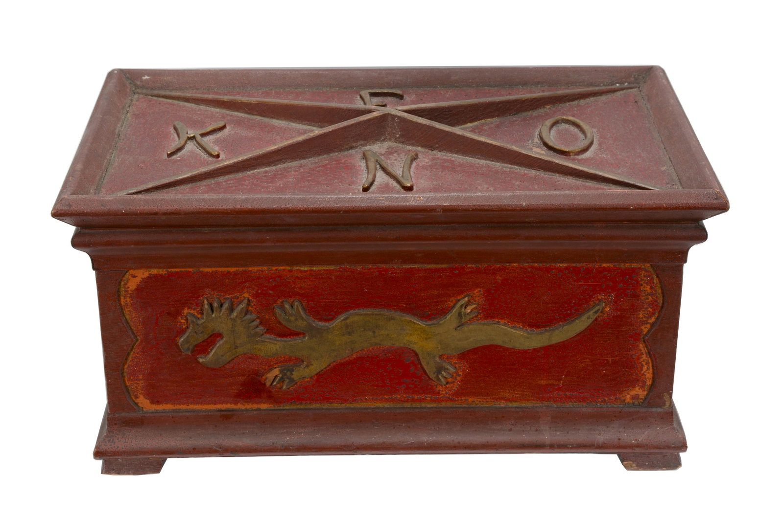 Julius Andre a.k.a. Keno The Magician Magic Box.: Julius Andre a.k.a. Keno The Magician Magic Box. c. 1900. Signed. Carved wood box with carved wood-relief letters, dragon and fauna. Inside is decorated with painted butterflies. There is a metal trap