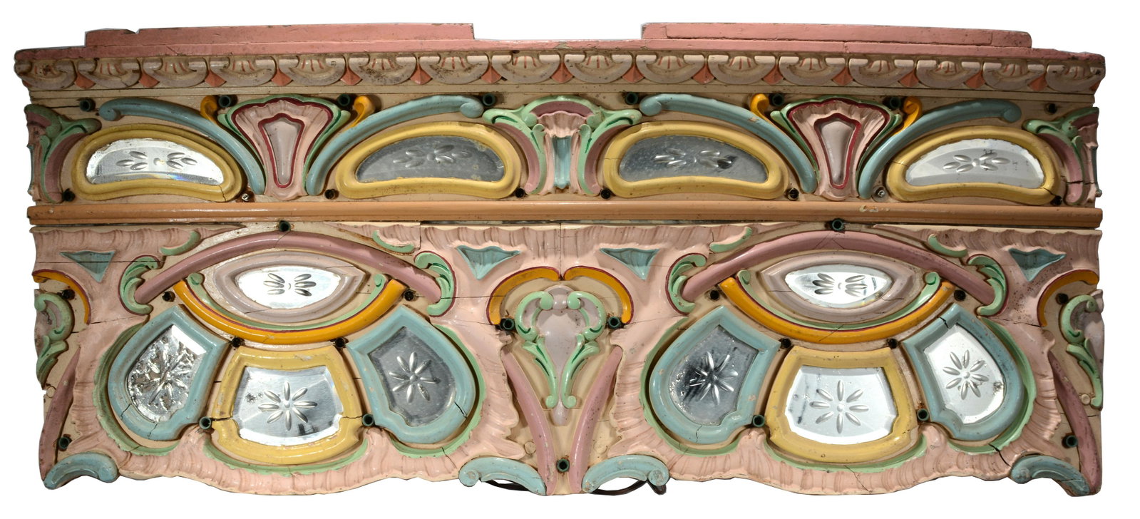 Large Belgium Carousel Panel.: Large Belgium Carousel Panel. c. 1900-1930s. Carved and painted wood with mirrors. Electrified. Overall condition is great. 71" long x 31" h. Est. $500-1,500. Buyer is responsible for shipping.