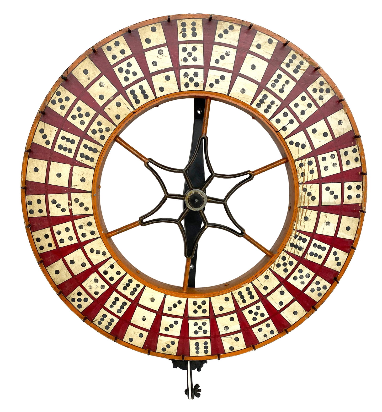 Vintage Wheel of Chance. Double-Sided Gambling Wheel.: Vintage Wheel of Chance. Double-Sided Gambling Wheel. Painted wood with metal frame and spikes. Expected wear. Overall great environmental condition. 22" h x 19.5" diameter Est. $1,000-2,000. Ship: $5