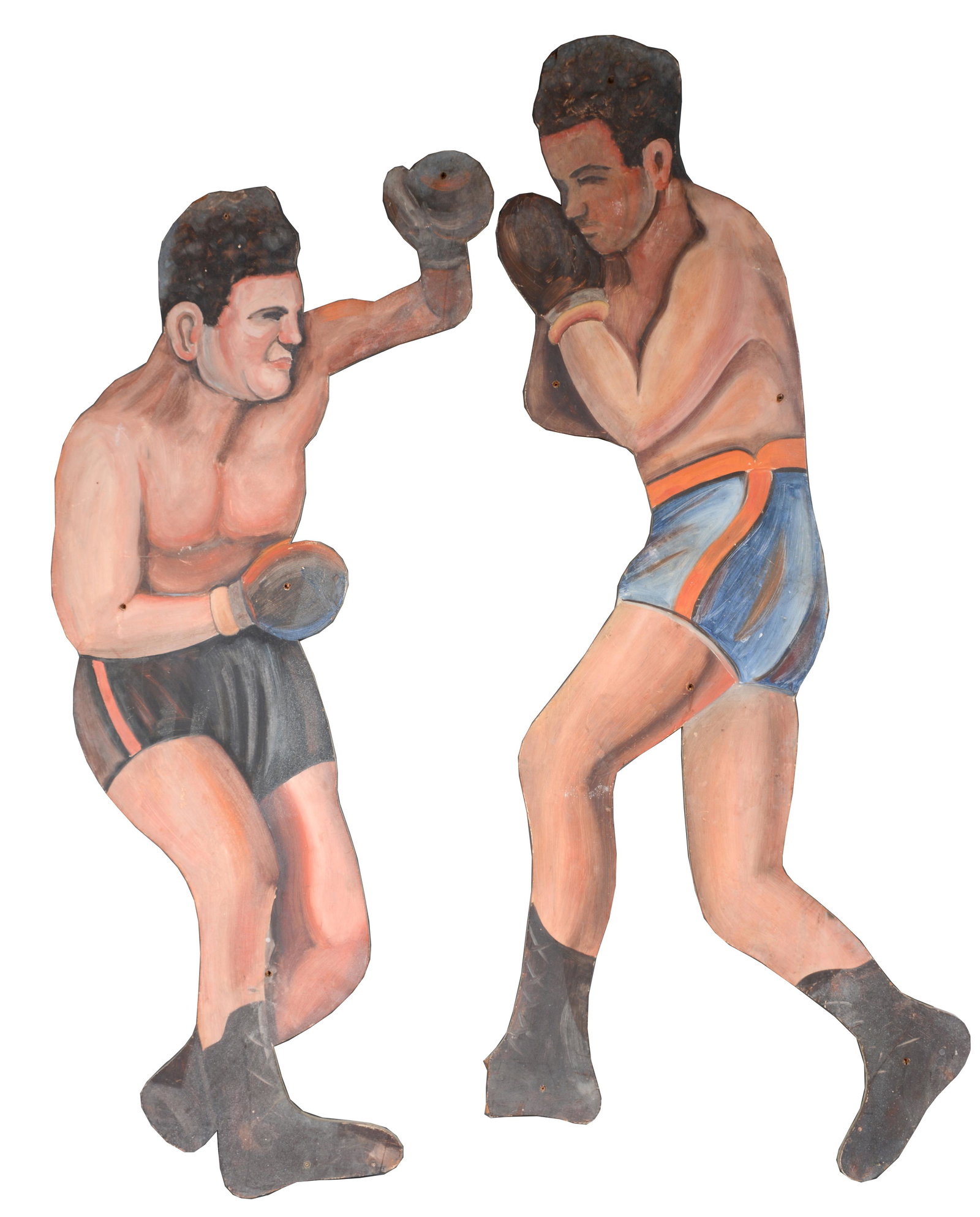 New Jersey Gym Trade Sign. Life Size Boxing Figures.: New Jersey Gym Trade Sign. Life Size Boxing Figures. c. 1940s-50s. Not signed. Cut out and painted plywood board. Original hanging holes. One boxer is missing 1/2 of front foot, expected wear and weat