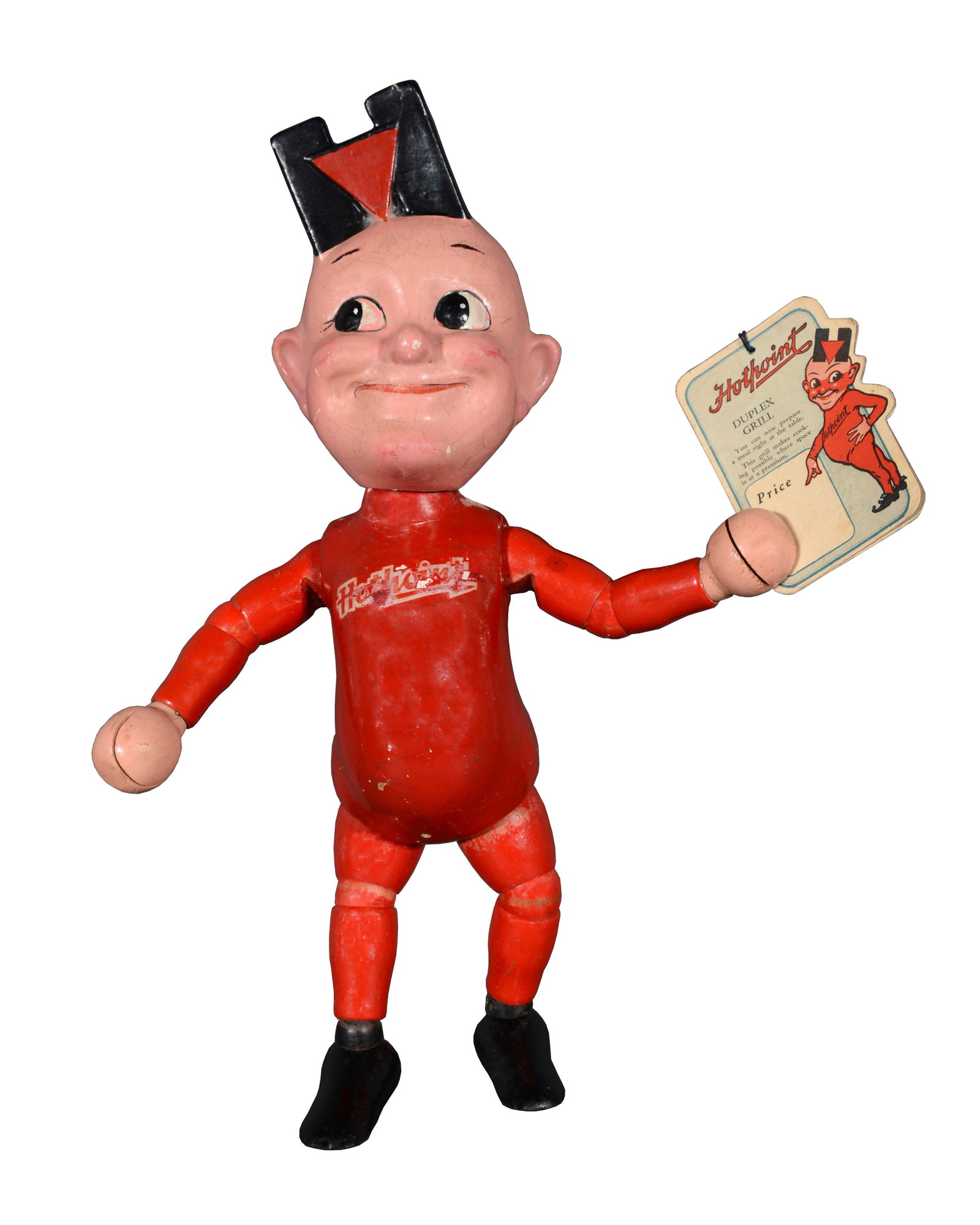 Advertising Point of Purchase. Hotpoint Grill Mascot.: Advertising Point of Purchase. Hotpoint Grill Mascot. c. 1930s. Articulated plastic, wood, paint. Great condition. 16" h x 6" x 4". Est. $300-500. Ship: $45