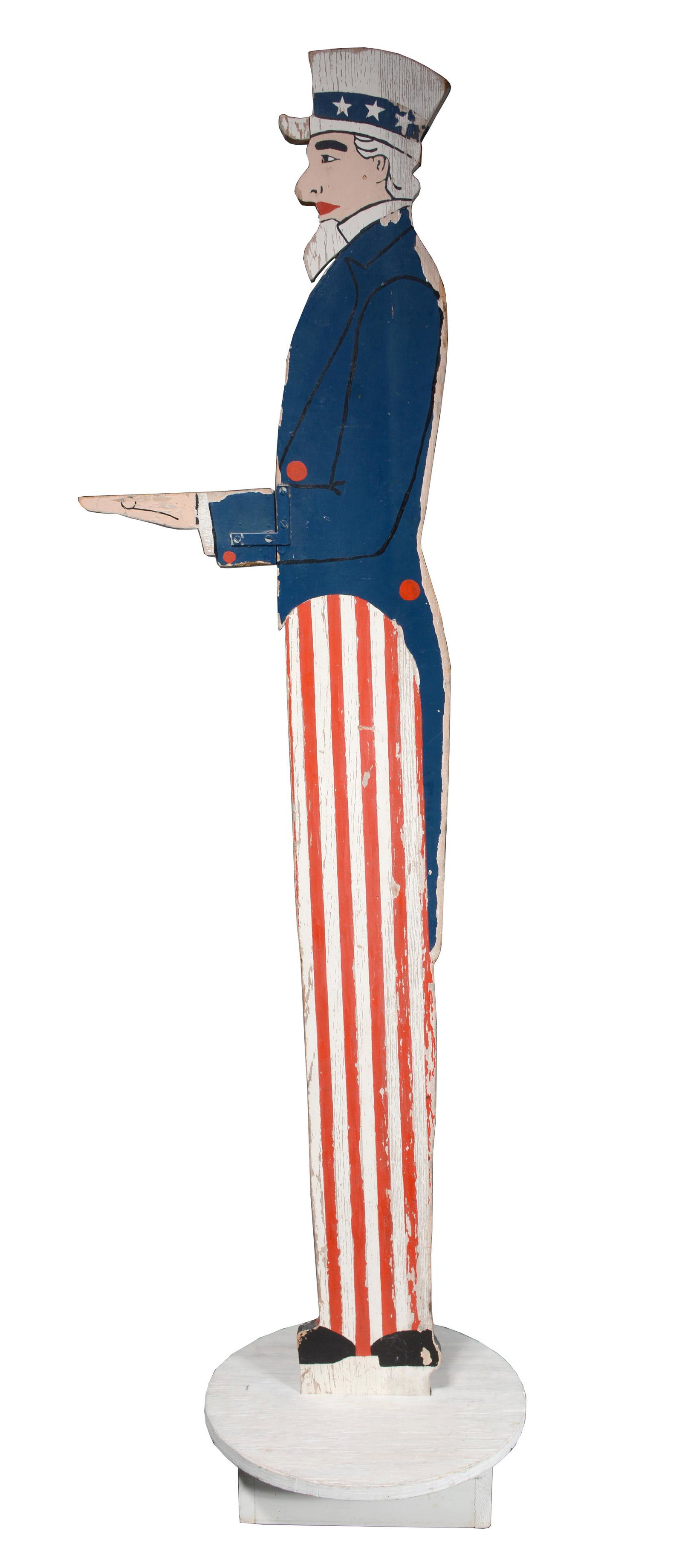 Anonymous Uncle Sam Mailbox Holder.: Anonymous Uncle Sam Mailbox Holder. Not signed. Cut out board and paint. Loss to hat rim and environmental weathering, otherwise good condition. 64" h x 15.5". Est. $300-500. Ship: $150
