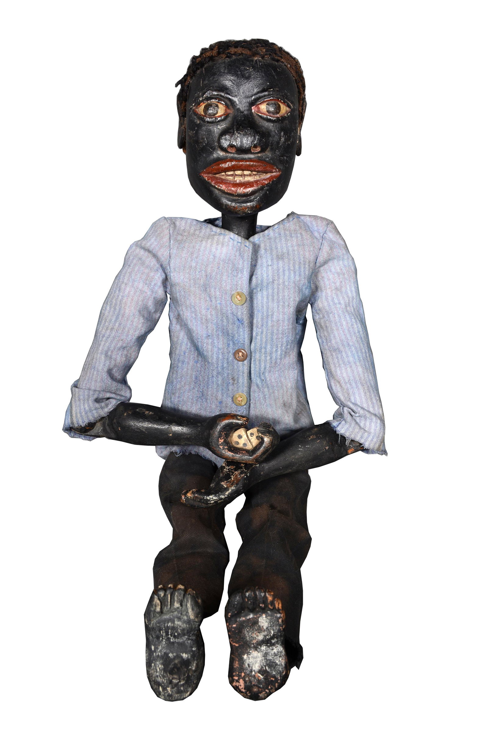 Anonymous African American Doll Throwing Dice.: Anonymous African American Doll Throwing Dice. c. late 19th or early 20th c. Not signed or dated. Carved and painted pine with fabric coiled hair, restored clothing. Found in a Pennsylvania barn. Thum
