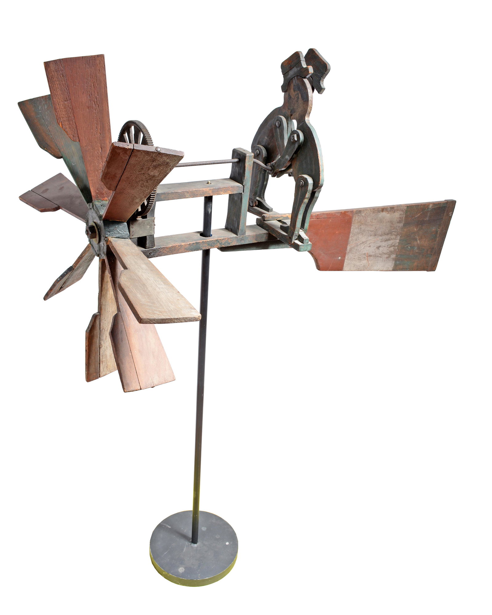 Large Two Figure Whirligig.: Anonymous Large Two Figure Whirligig. Painted wood and iron. Blades are 30" diameter. Figures are 19" h x 15" w x 4" d. Overall length is 50" x 63" h including stand. Provenance: ex. Paul Madden Colle