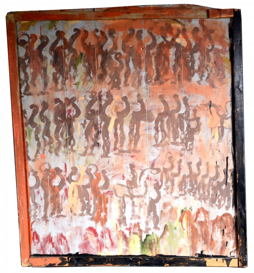 Purvis Young. Crowds In Line.: Purvis Young. Crowds In Line. Not signed. Paint on found panel. Good to fair condition. 43" x 48". Est. $800-1,200. Buyer is responsible for shipping.