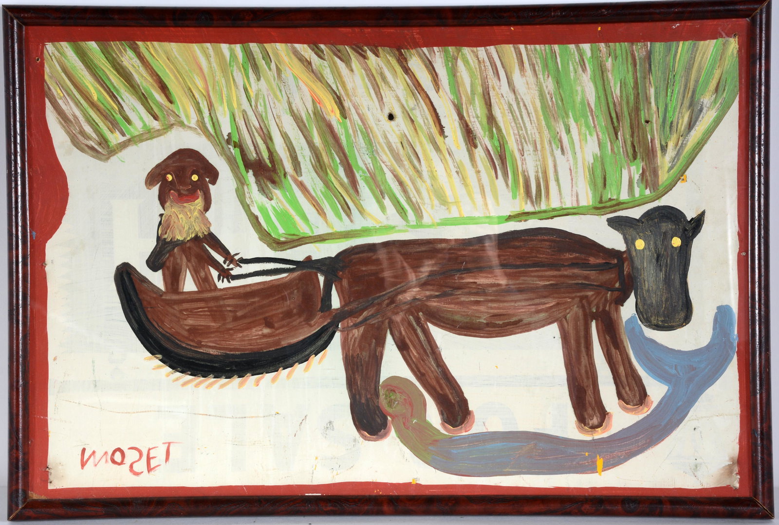 Mose Tolliver. Man Plowing With Mule.: Mose Tolliver. Man Plowing With Mule. c. 1991. Signed. Paint on found Upson board. Great condition. 25" w x 16" h with board. Provenance: Leon Loard Gallery. Est. $800-1,200. Ship: $55