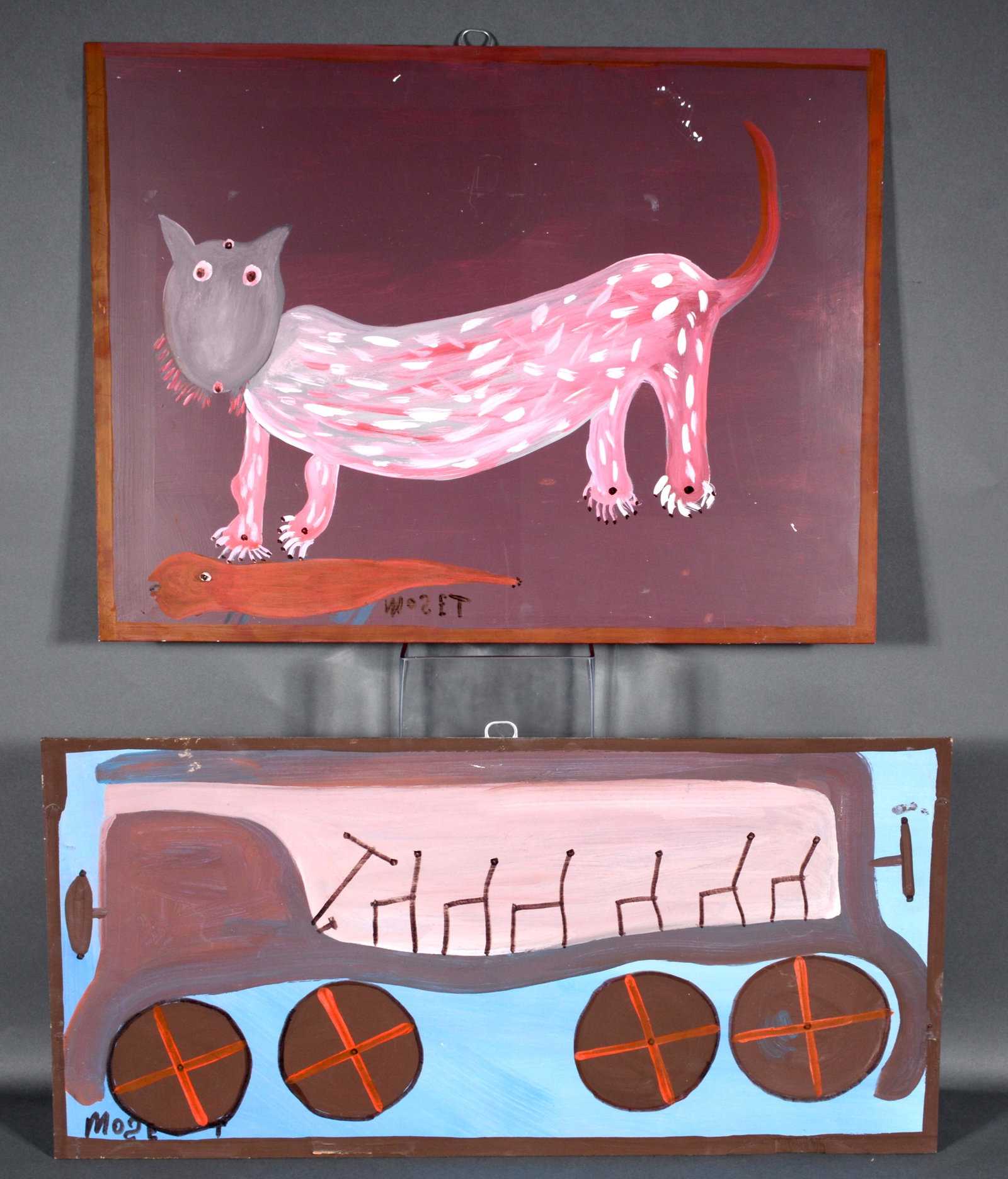 Mose Tolliver. Bus Boycott and Alley Cat.: Mose Tolliver. Bus Boycott and Alley Cat. Signed. Paint on board and vinyl. Minor paint rubs, otherwise good condition. Largest is 27" w x 13" h. Est. $400-600. Ship: $65