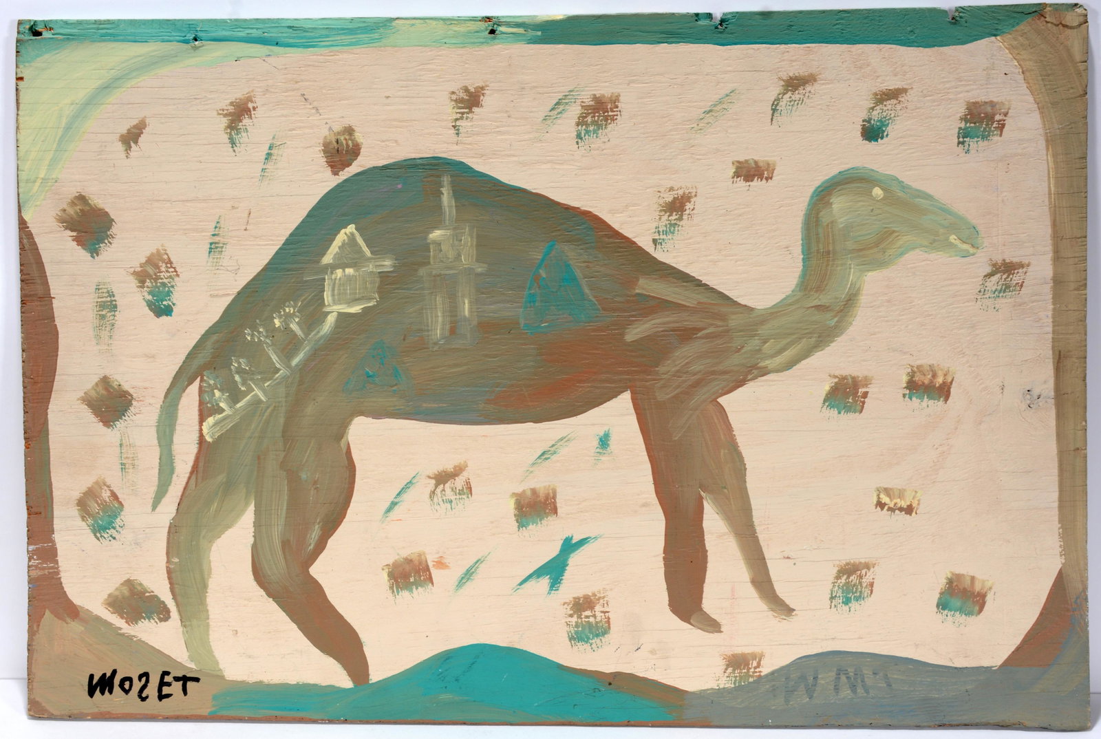 Mose & Willie Mae Tolliver. Mose Painted Over Willie: Mose & Willie Mae Tolliver. Mose Painted Over Willie Mae Camel. Signed. Paint on found board. Great condition. 26" w x 17" h. Est. $300-500. Ship: $55