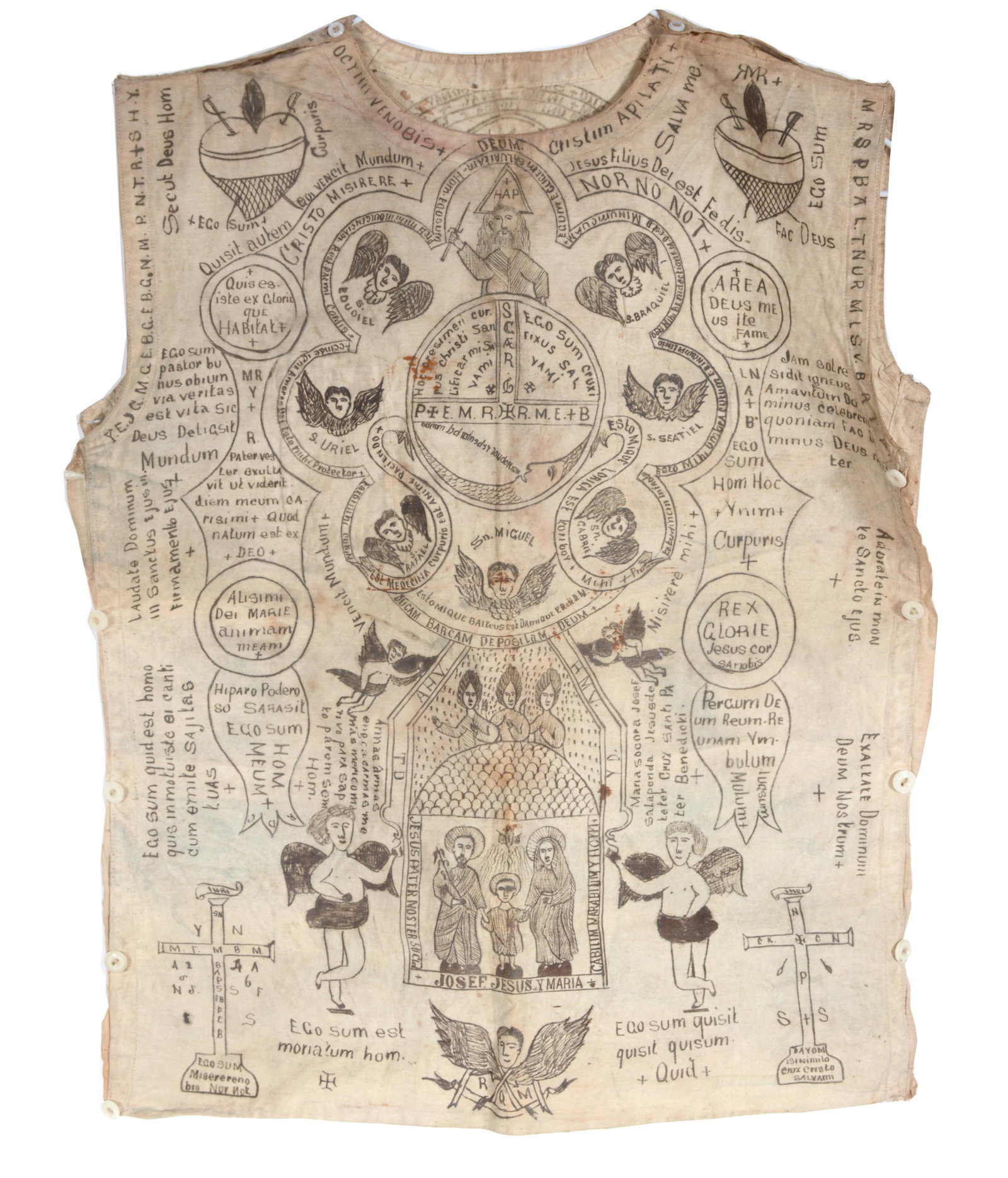 Hispanic Artist. Handmade Decorated Religious Vest.: Unknown Hispanic Artist. Handmade Decorated Religious Vest. c. 1930s-40s. Not signed or dated. Ink on cloth with hand-stitched seams. Great condition. 18" x 21". Est. $1,000-1,500. Ship: $35