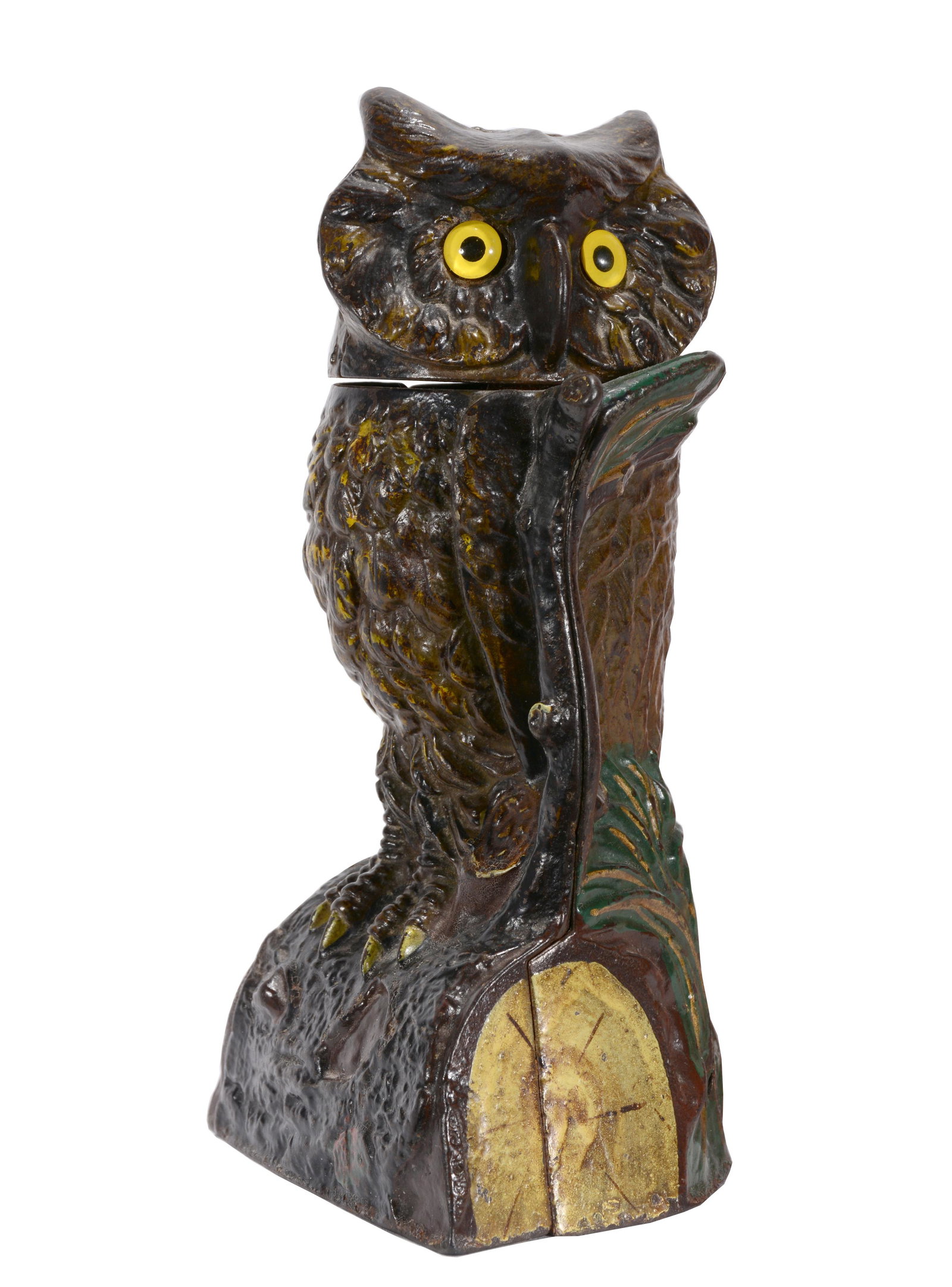 J. & E. Stevens, Co. Owl Turns Head Mechanical Bank.: J. & E. Stevens, Co. Cromwell, CT. Owl Turns Head Mechanical Bank. Dated Sept. 1880. Stamped with patent. Cast metal, polychromed, glass eyes. Place a coin at the top of the branch. Press the lever. T