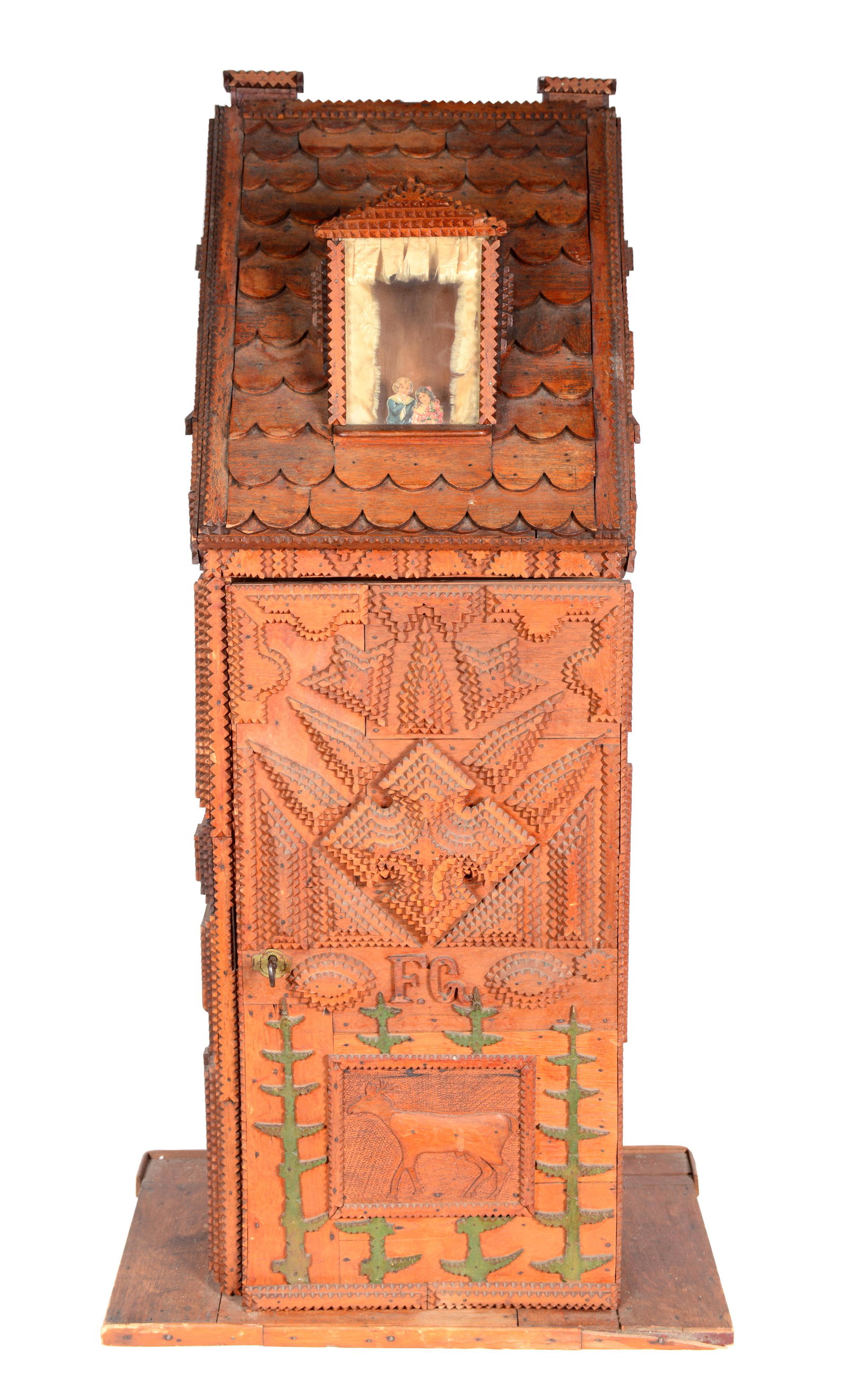 F.G. Tramp Art Lock Box With Lid.: F.G. Tramp Art Lock Box With Lid. c. 1900. Initialed in wood. Chip carved and varnished wood with mixed media. Decorative panel featuring a deer, street, car and blimp. Overall excellent condition. 39