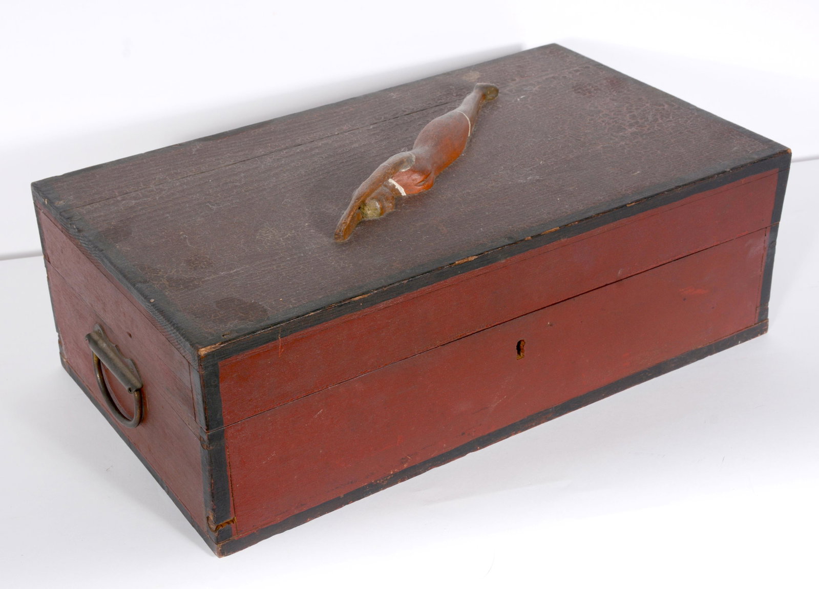 Carved wooden Diving Beauty Girl Box.: Carved wooden Diving Beauty Girl Box. Anonymous. Carved and applied diving girl on workman's tool box. Paint on wood with brass handles, some paint crazing, otherwise great condition. 7" h x 20" x 11"