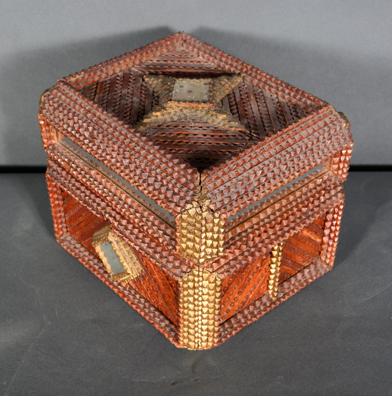 Multi-Colored Mirrored Tramp Art Keep Safe Box.: Multi-Colored Mirrored Tramp Art Keep Safe Box. Carved and painted wood with mirrors. Replaced bottom, otherwise good condition. 8.5" x 11" x 9". Est. $300-500. Ship: $55