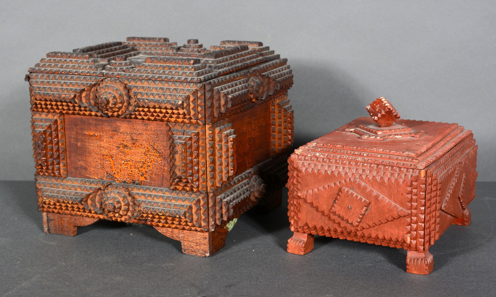 Tramp Art Tumbling Dice Top & Sliding Box Top Boxes.: Tramp Art Tumbling Dice Top & Sliding Box Top Boxes. Carved and painted wood. Minor wear, otherwise good condition. Largest is 7" x 8" x 8". Est. $300-600. Ship: $65