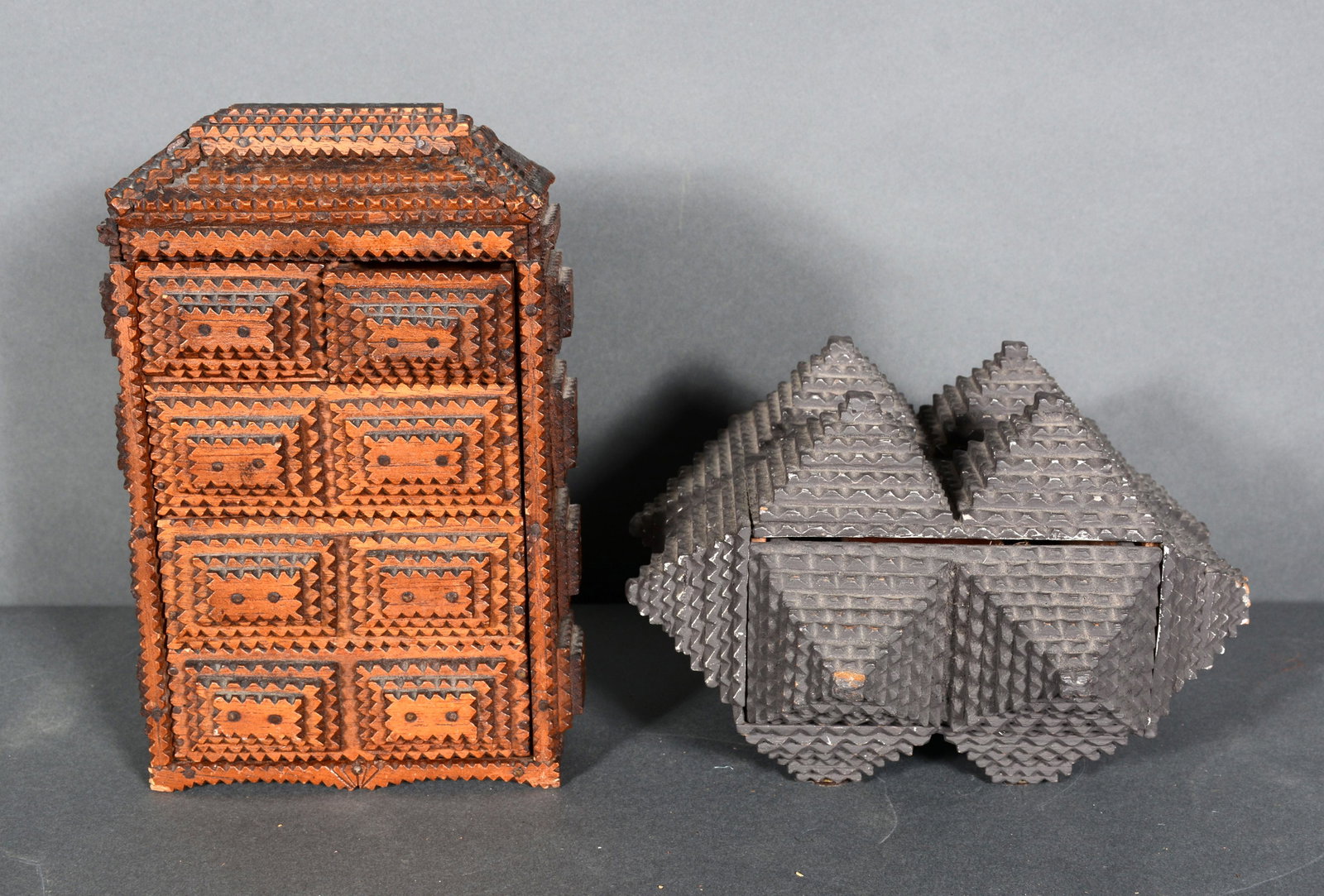 Mini Tramp Art Wardrobe Box & Pyramid Box.: Mini Tramp Art Wardrobe Box & Pyramid Box. Carved and stained wood. Wardrobe is in excellent condition. Pyramid is missing tips, otherwise good condition. Tallest is 8" x 5" x 2.5". Est. $300-600. Shi