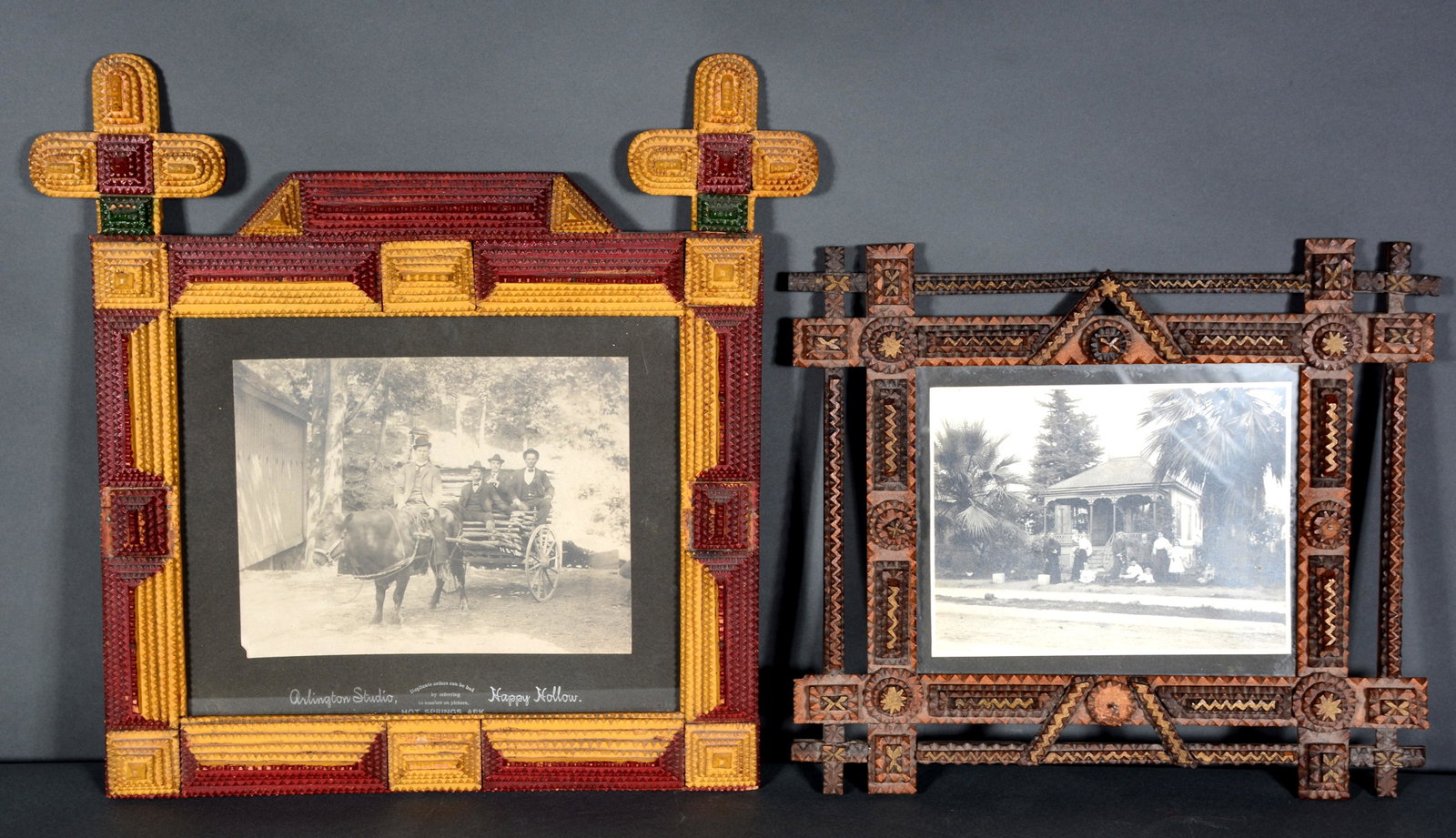 Pair of Tramp Art Frames with Black & White Photos.: Pair of Tramp Art Frames with Black & White Photos. Carved and painted wood. Great condition. Largest is 18" x 17". Est. $400-600. Ship: $55
