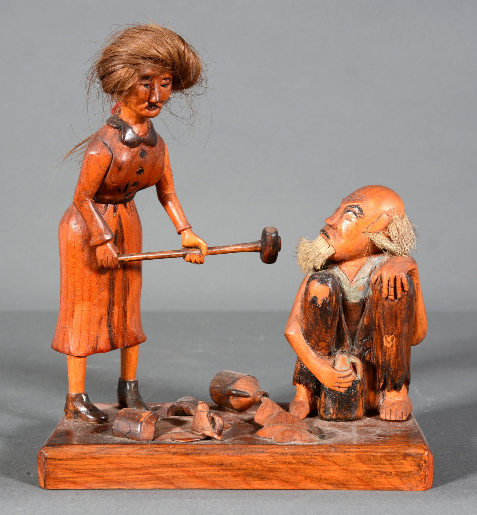 Temperance Diorama Scene.: Temperance Diorama Scene. c. 1930-40s. Not signed or dated. Carved and painted wood with human hair. Excellent condition. 7.5" h x 7" x 3". Est. $200-300. Ship: $45