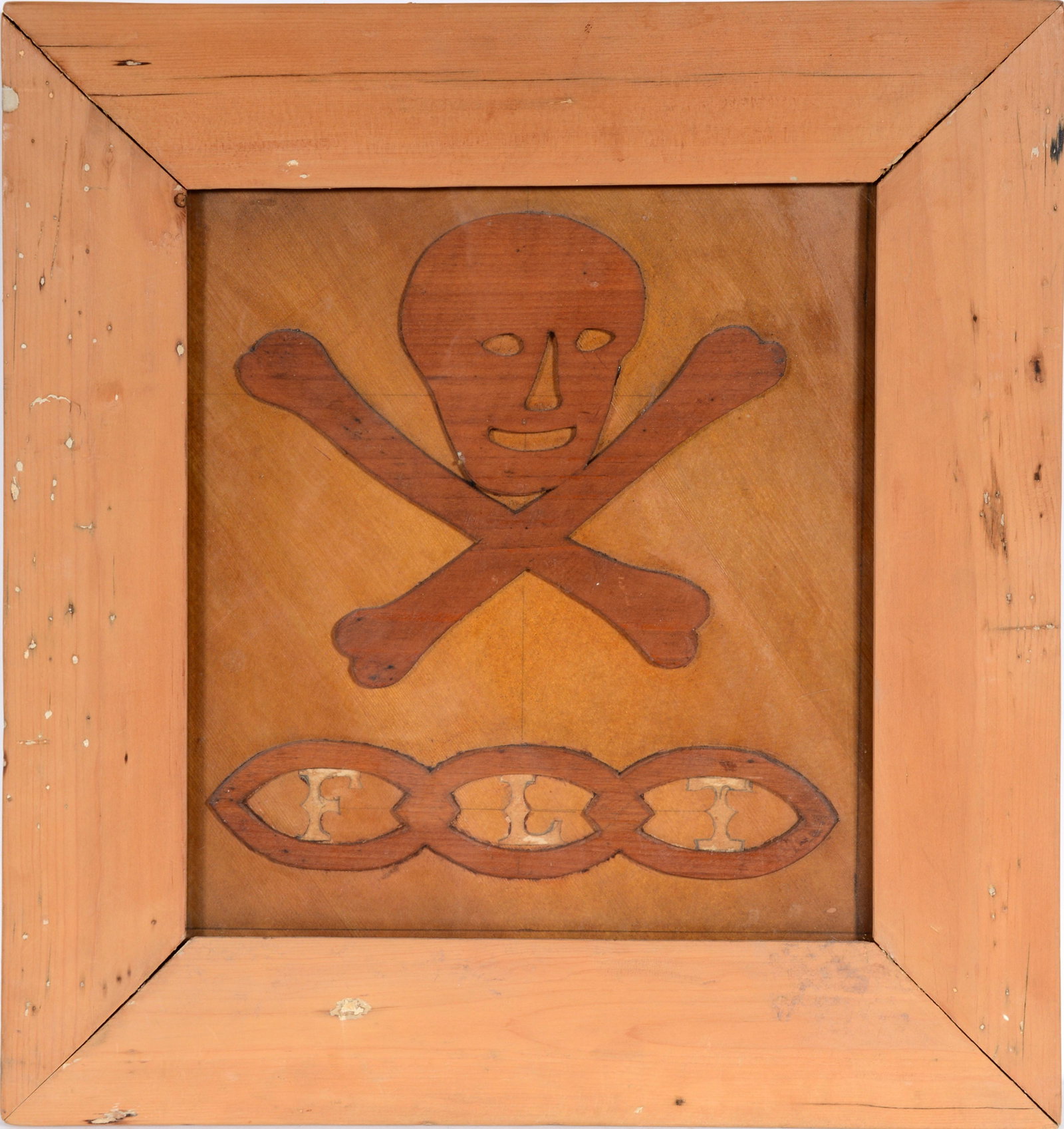 Odd Fellows Skull and Crossbones Plaque.: Odd Fellows Skull and Crossbones Plaque. Inscribed verso: 'Reily, Ohio - Butler County' Carved and assembled wood, varnished. Excellent condition. 10.5" w x 11.5" h. Est. $300-500. Ship: $45