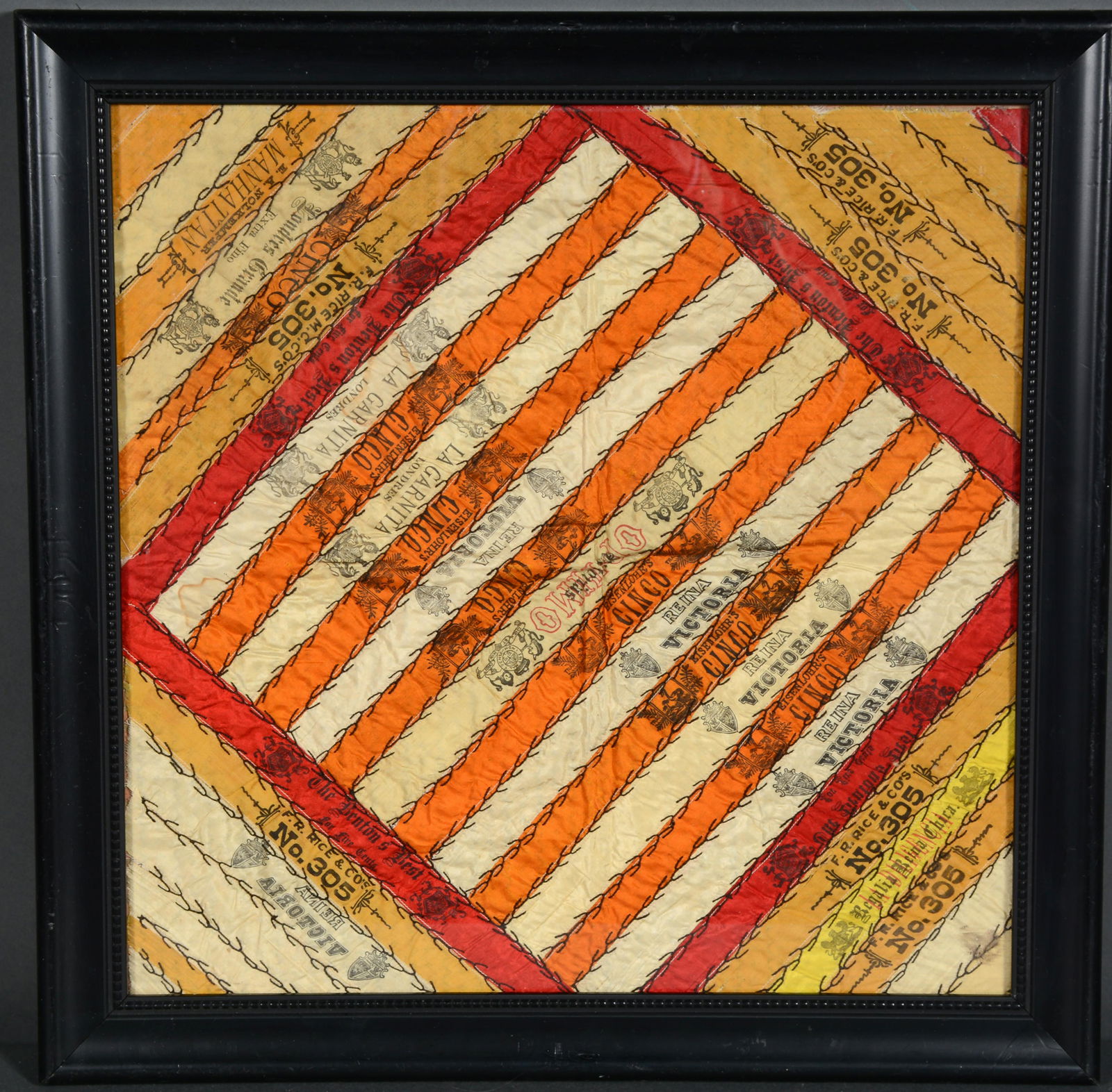 Antique Silk Cigar Label Wall Hanging.: Antique Silk Cigar Label Wall Hanging. Silk cigar labels with crows feet stitching. One ribbon has a small stain, otherwise excellent condition. 19" x 19" with frame. Est. $300-500. Ship: $45