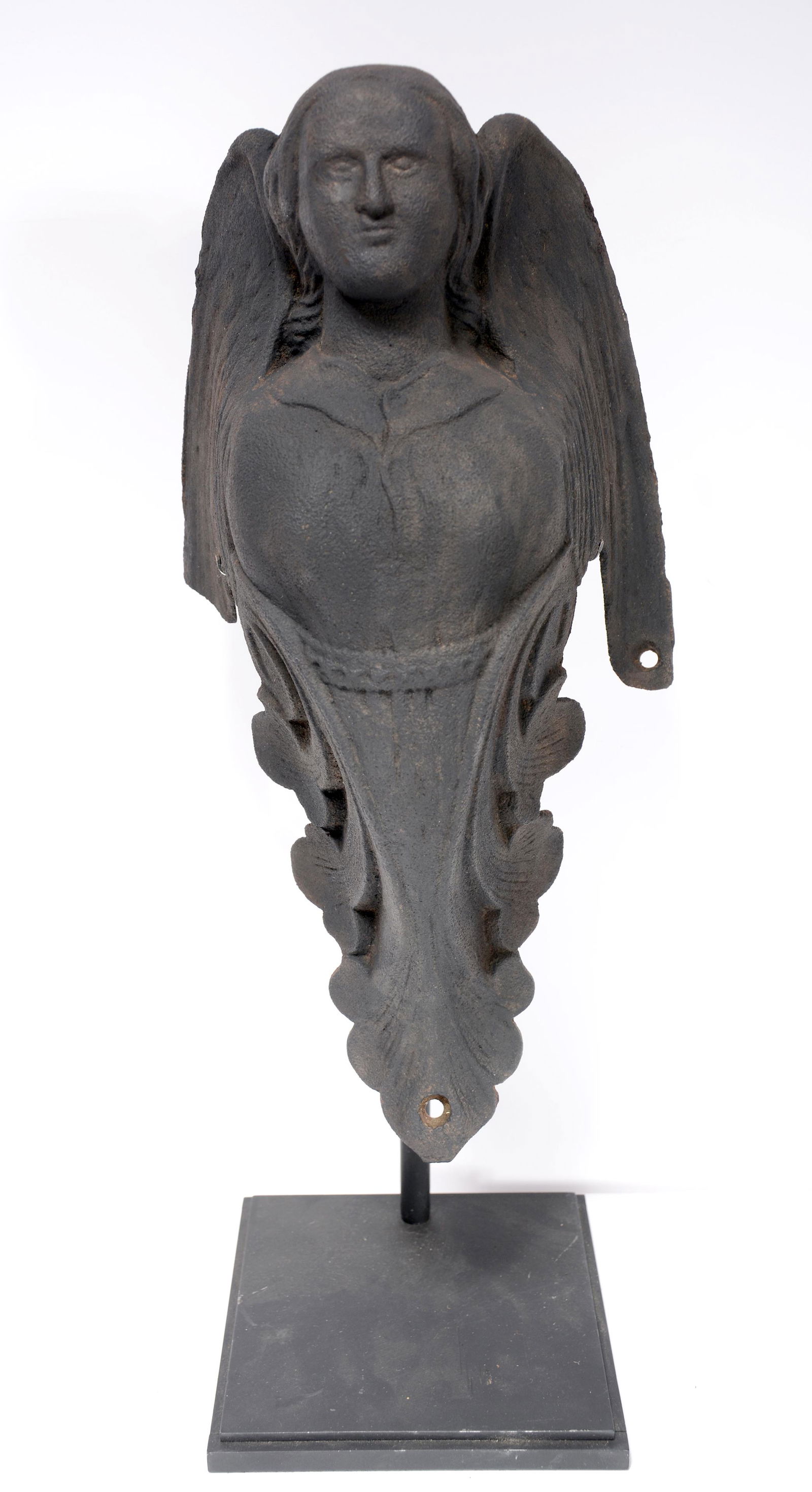 Cast Iron Architectural Angel With Star Belt.: Cast Iron Architectural Angel With Star Belt. American. Bottom of right wing missing and well-weathered, otherwise great condition. 15" h x 8" w x 6" d. Est. $300-500. Ship: $45