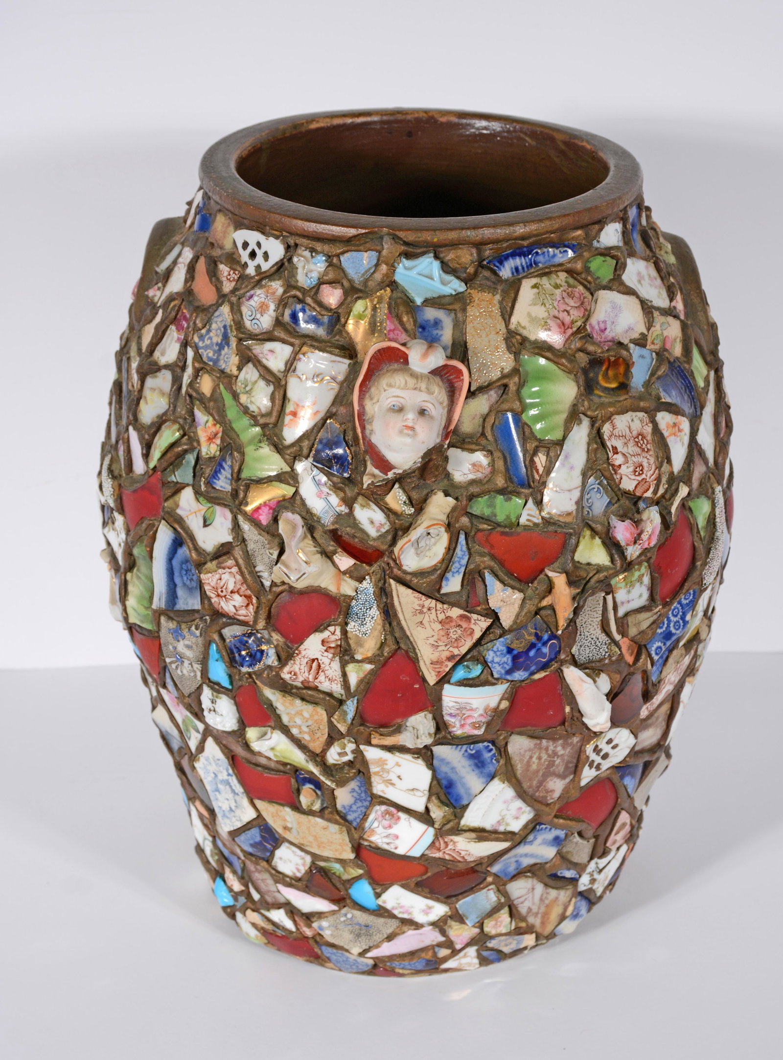 Memory Jar Handheld Stoneware Crock.: Memory Jar Handheld Stoneware Crock. 3 gallon. American. Decorated with china pieces. 17" h x 13" diameter. Great condition. This appears to be of the period. Est. $400-600. Ship: $85