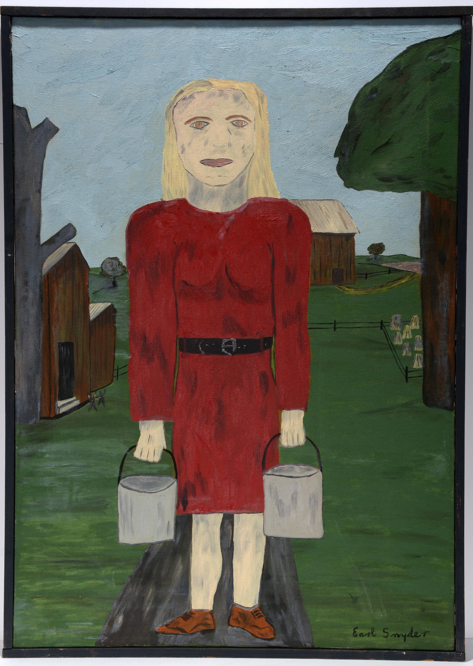 Earl L. Snyder. Milkmaid.: Earl L. Snyder. Milkmaid. 1947. Signed, dated and titled. Oil on canvas. Excellent condition. 25" w x 35" h with frame. Est. $600-900. Ship: $65 In 1947, Earl Snyder, an architecture student at Indian