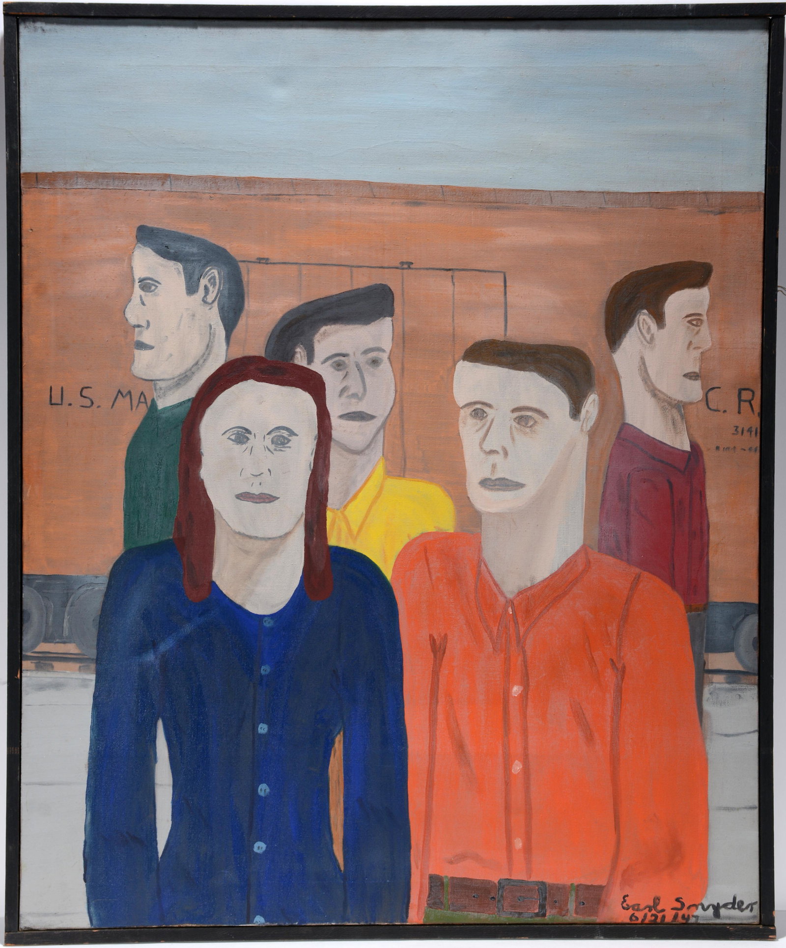 Earl L. Snyder. The Travelers.: Earl L. Snyder. The Travelers. 1947. Signed, dated and titled. Oil on canvas. Excellent condition. 29" w x 35" h with frame. Est. $600-900. Ship: $65 In 1947, Earl Snyder, an architecture student at I