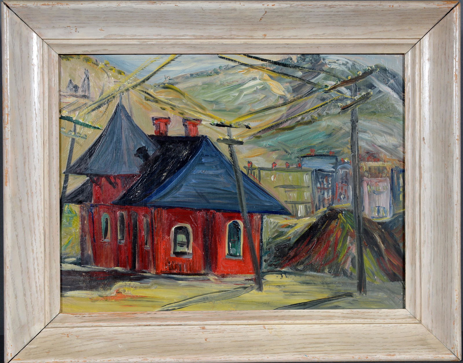Telegraph Office.: Telegraph Office. c. 1940s. Not signed. Oil on Masonite. Excellent condition. 20" x 15" with frame. Est. $300-500. Ship: $45