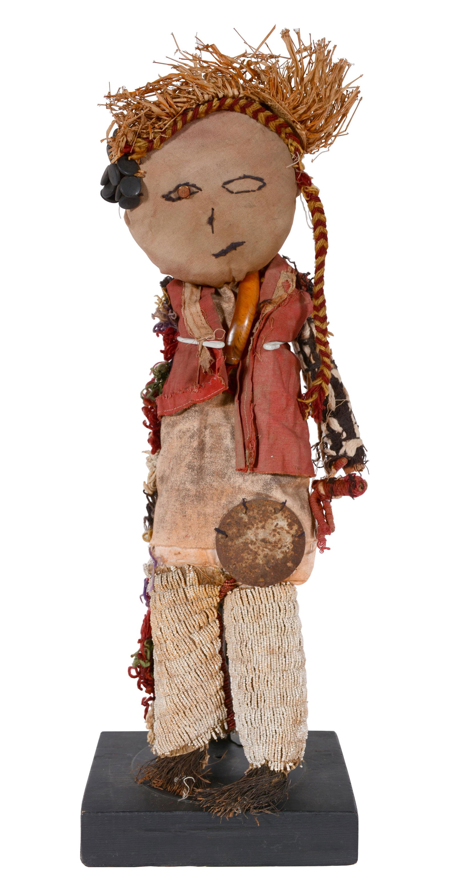 Native American Folk Art Doll.: Native American Folk Art Doll. Mixed media, beaded pants. 18" h x 4" x 2". Includes display stand. Folky as-found good condition. Est. $300-500. Ship: $45