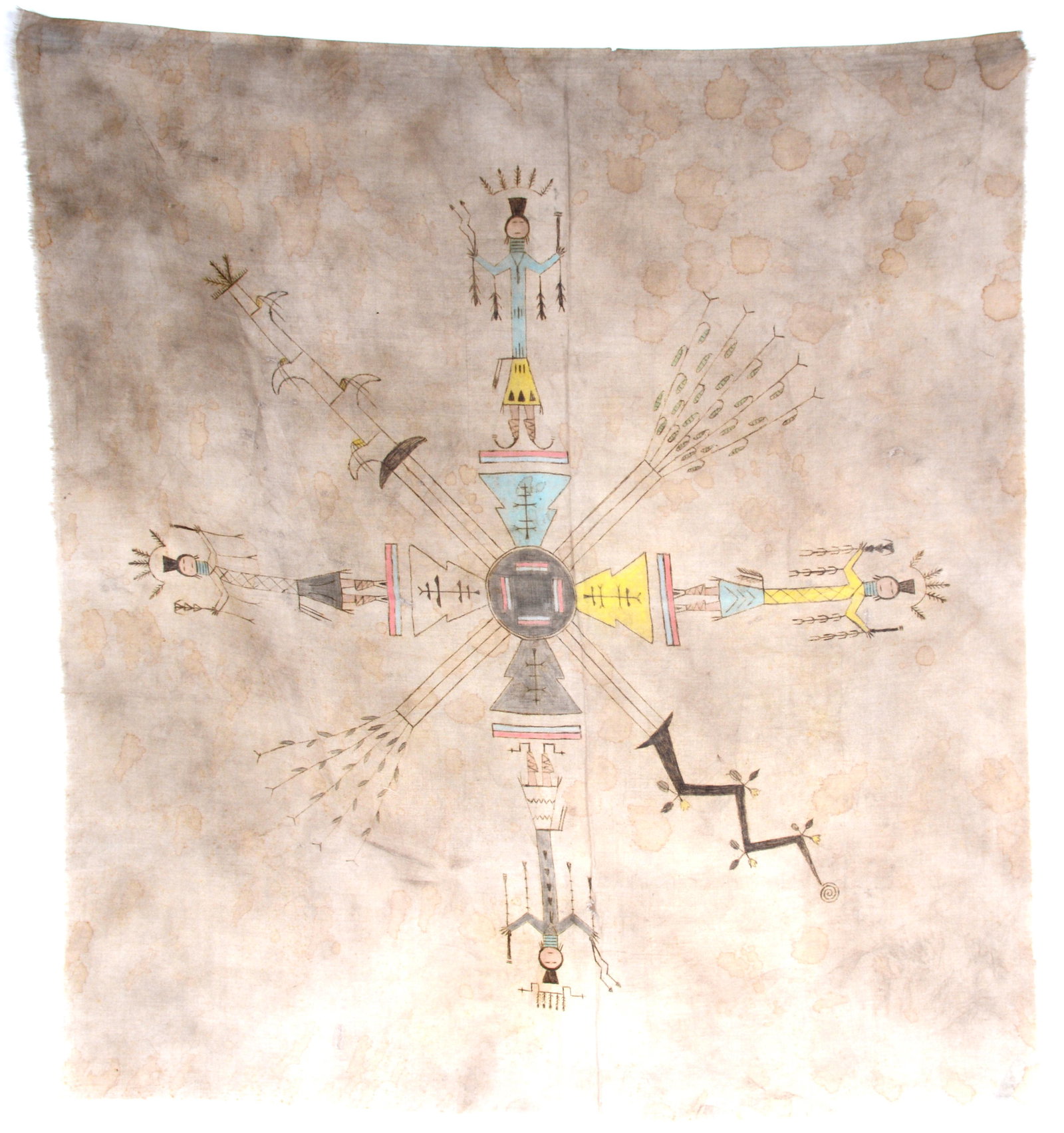Native American Medicine Drawing. Kachinas with: Native American Medicine Drawing. 4 Colored Dancing Kachinas with Headdresses. c. 1950s. Ink and mixed media on cloth. Staining throughout and thinning of cloth, otherwise good to fair condition. 22" 