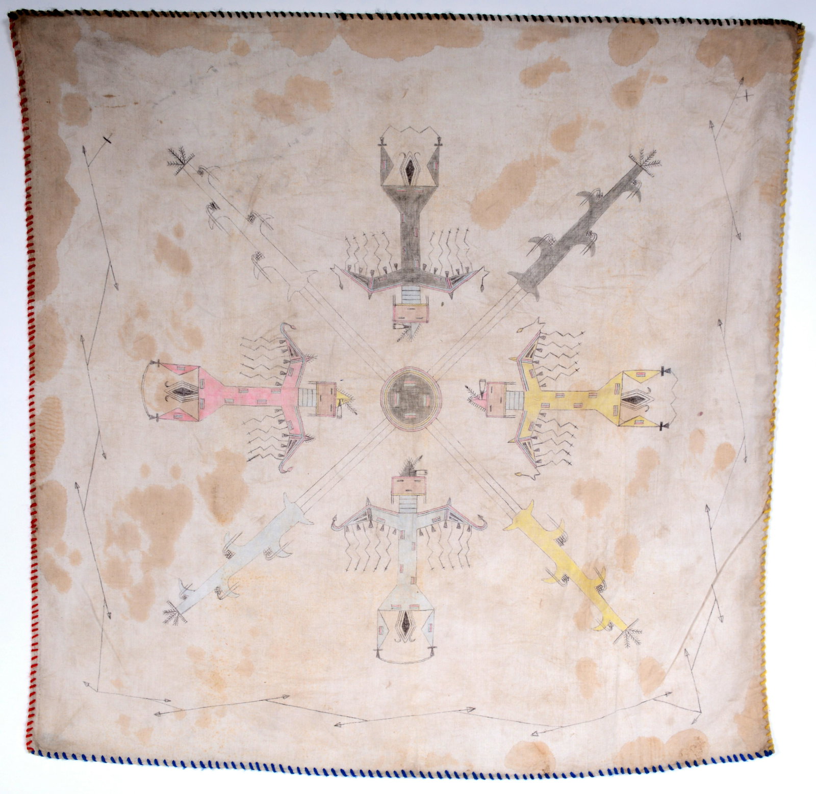 Native American Medicine Drawing. 4 Colored Sky: Native American Medicine Drawing. 4 Colored Sky Kachinas. c. 1950s. Ink and mixed media on cloth. Staining throughout, otherwise good condition. 28" w x 27" h. Est. $300-500. Ship: $25