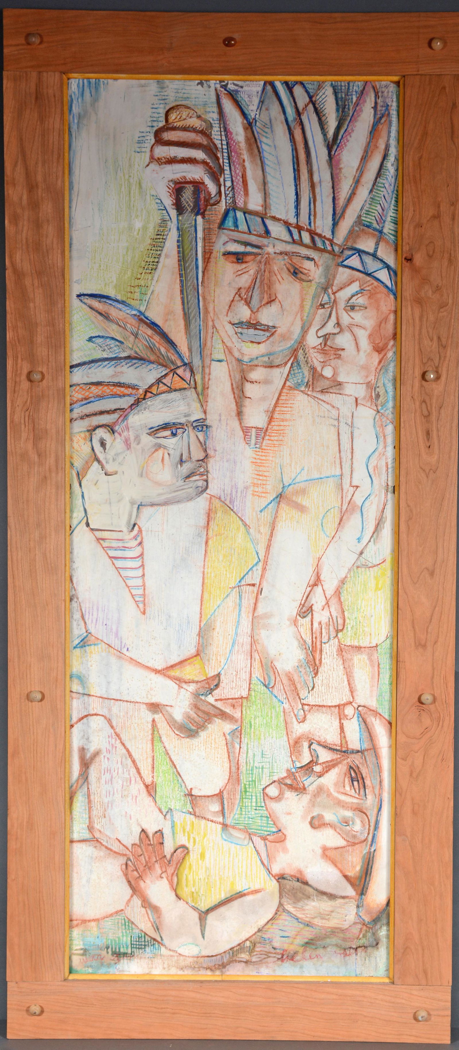 Helen Malta. Indian Sacrificial Scene.: Helen Malta. Indian Sacrificial Scene. Signed. Not dated. Paint and crayon on Masonite. Water damage on lower right with small loss, otherwise good to fair condition. Frame is 24" w x 54"h. Est. $300-