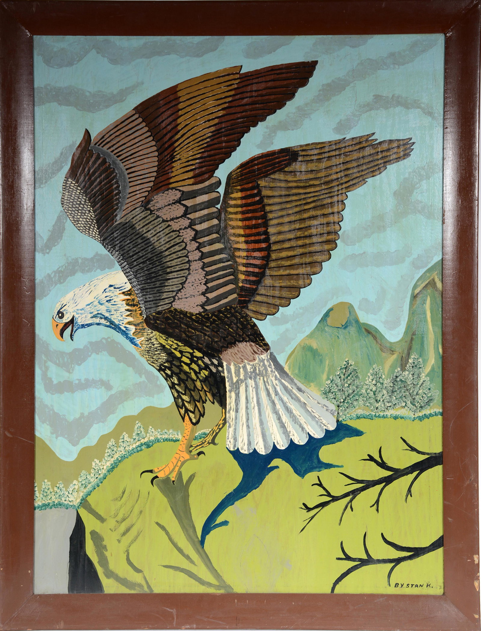 Stan K. Screaming Eagle.: Stan K. Screaming Eagle. c. 1960. Signed. Oil on board. Image is 27" w x 37" h. Frame is 32.5" w x 41.5" h. Great condition. Est. $500-800. Ship: $125