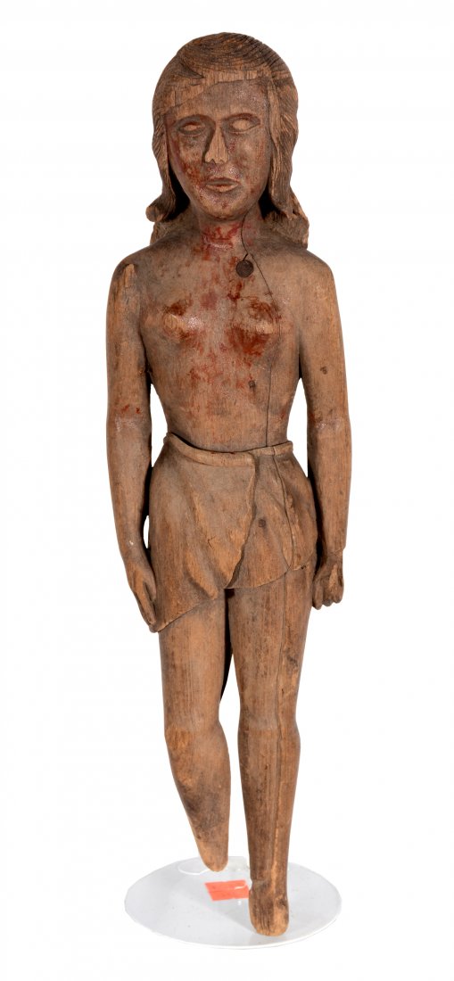 Indian Maiden.: Indian Maiden. c. 1920s. Carved cypress with minor paint remnants and make-do metal nails. Loss to bottom of both legs, otherwise good to fair condition. 17.5" x 4" h x 3". Est. $200-300. Ship: $45
