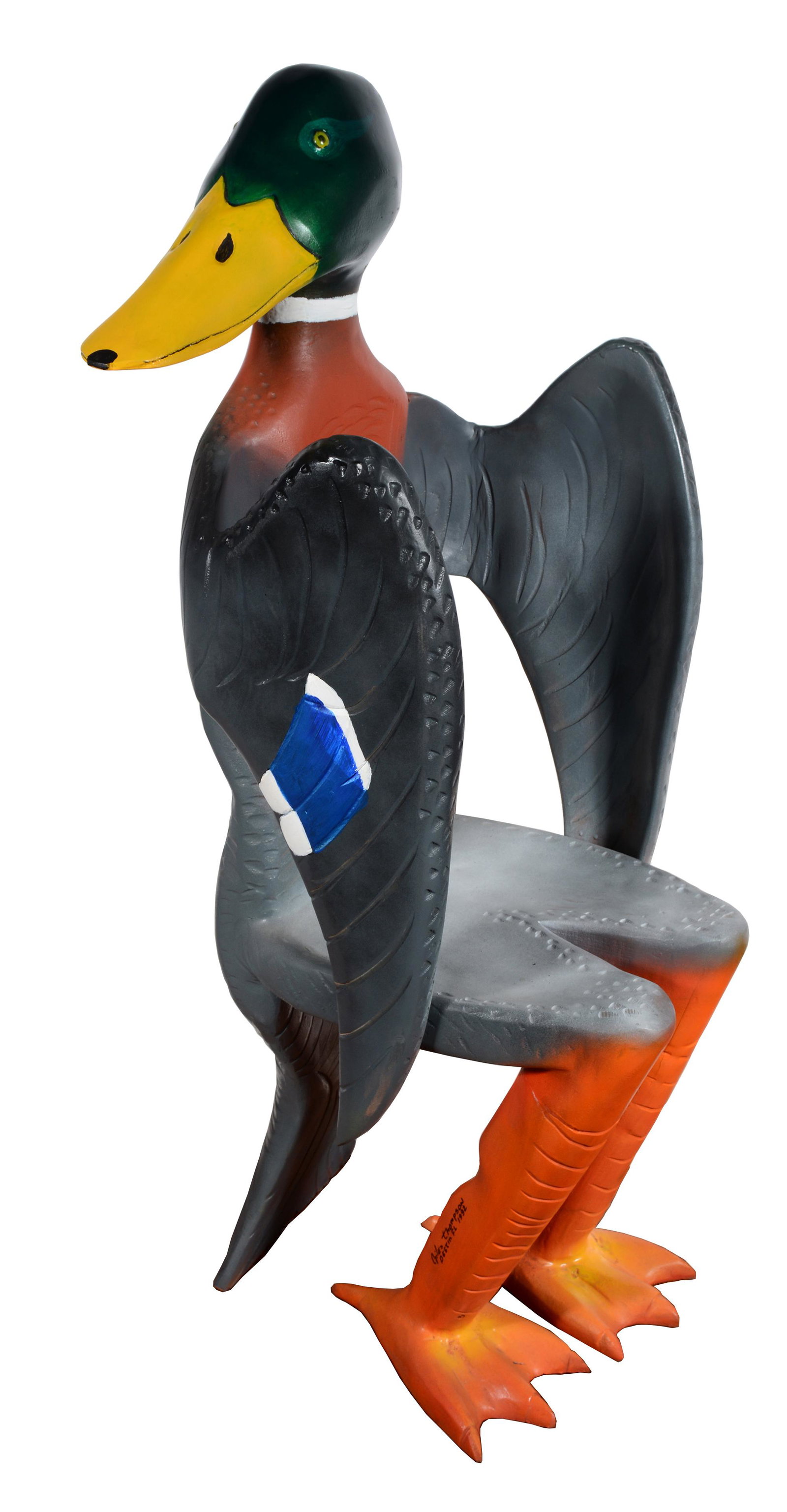 Giles M. Thompson. Sitting Duck Chair.: Giles M. Thompson. Sitting Duck Chair. 1992. Signed and dated. Carved juniper wood and enamel. Natural wood split, otherwise good condition. 51" h x 21" x 21". Est. $300-500. Buyer is responsible for 