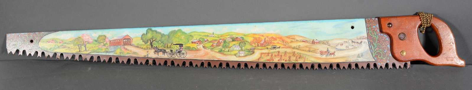 Mariesue Eisenhut Vannatta. Four Seasons of Yesterday: Mariesue Eisenhut Vannatta. Four Seasons of Yesterday Decorated Saw. Oil on a one man cross cut saw. Excellent condition. 48" long x 5.5" h. Est. $400-600. Ship: $75