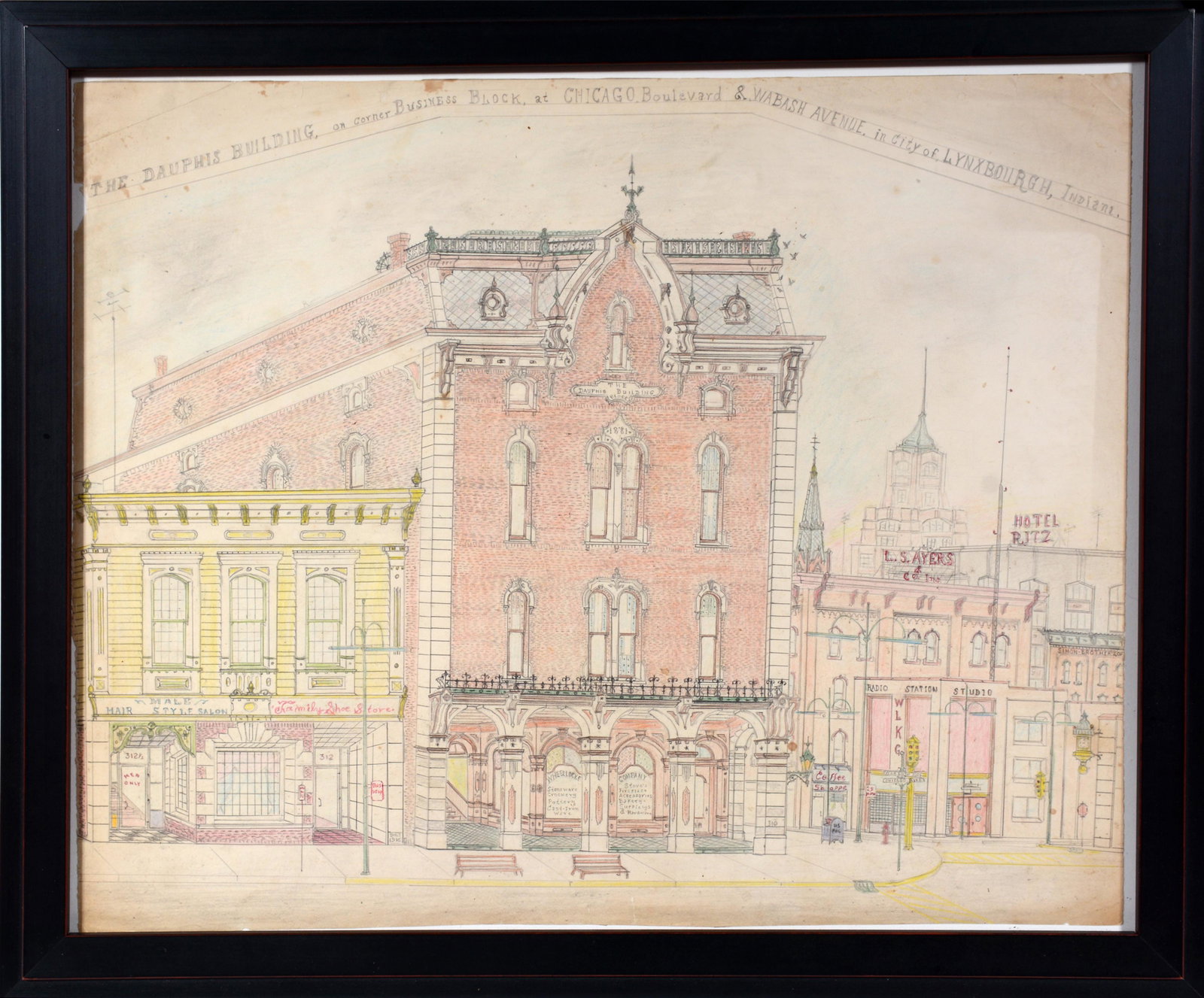Jacques DuGlass. Dauphis Building Lynxbough, IN.: Jacques DuGlass. The Dauphis Building Lynxbough, Indiana Built in 1881. Not signed or dated. Graphite, colored pencil and ink on paper. Small loss of paper at upper left, otherwise great condition. Im