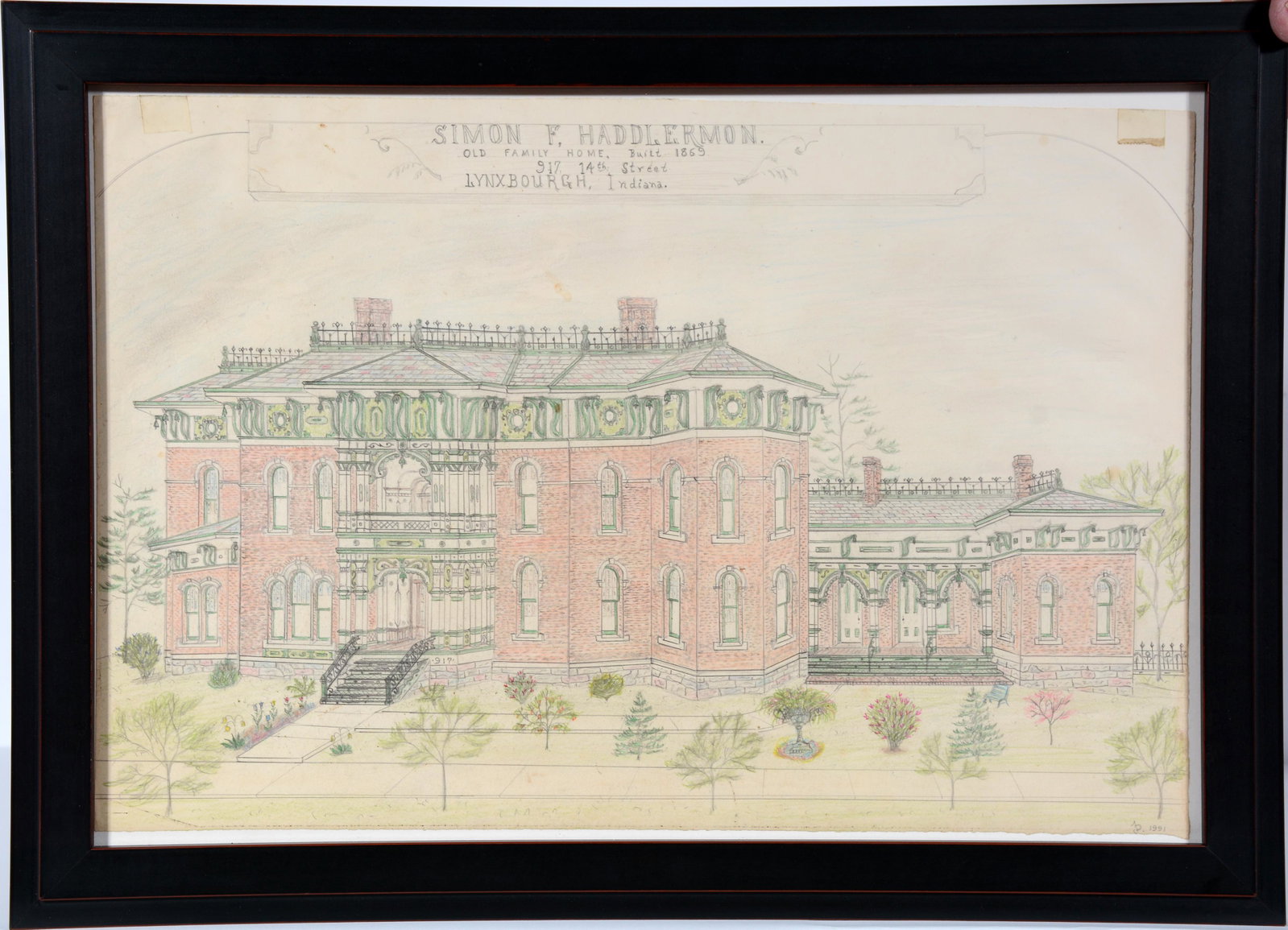 Jacques DuGlass. Simon F. Haddlermon House, IN.: Jacques DuGlass. Simon F. Haddlermon House Old Family Bldg. 1869, 917 14th St. Lynxbough, Indiana. 1991. Initialed and dated. Graphite and colored pencil on paper. Tape marks upper right and left, oth