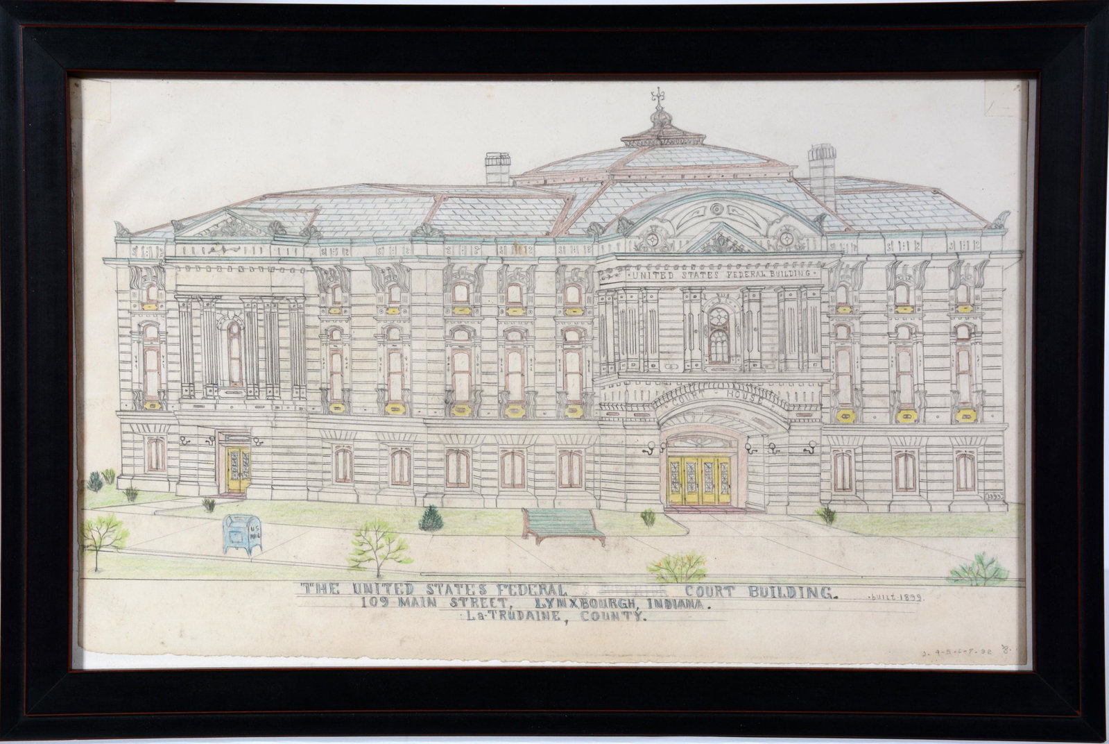 Jacques DuGlass. United States Federal Court Bldg.: Jacques DuGlass. The United States Federal Court Bldg. Lynxbough, Indiana, Built 1899. 1992. Signed and dated. Graphite and colored pencil on paper. Tape marks upper right and left, otherwise great co