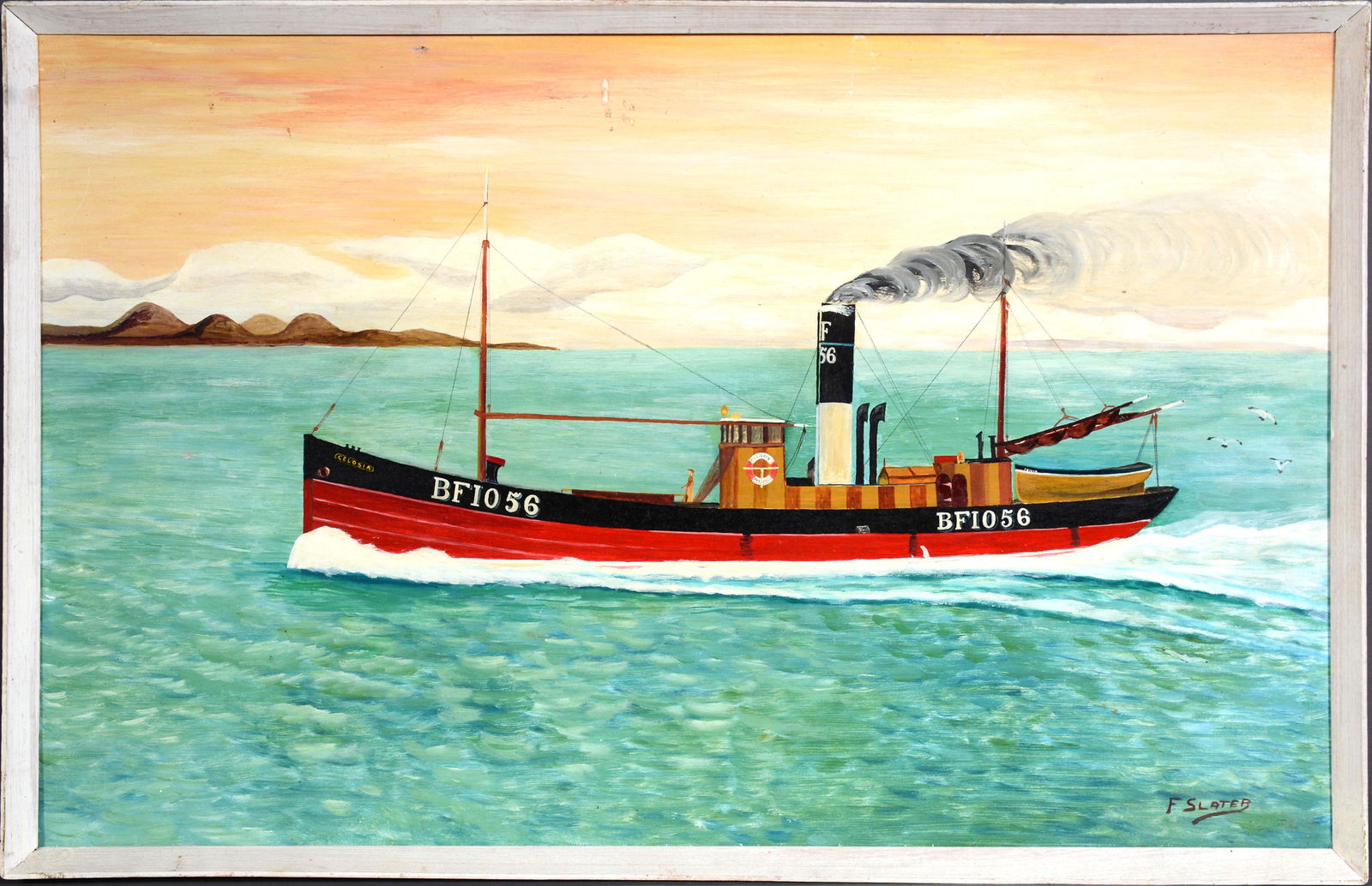 F. Slater. BF 1056 Steamer Ship.: F. Slater. BF 1056 Steamer Ship. Signed. Not dated. Oil on Masonite. Paint rub in center top, otherwise good condition. 31" w x 19.5" h with frame. Est. $300-500. Ship: $65