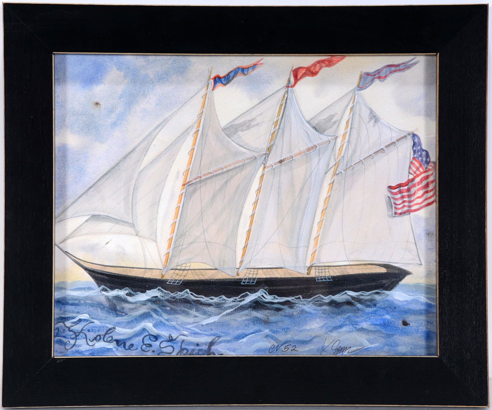 Kolene E. Spicher. American Sailing Ship.: Kolene E. Spicher. American Sailing Ship. Signed. Watercolor on paper. Excellent condition. 12" w x 10"h with frame. Est. $200-300. Ship: $35