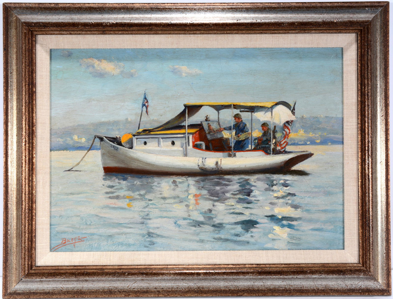 Artist On A Boat.: Artist On A Boat. Signed, but difficult to read. It looks like 'Buers.' Oil on artist board. Minor crazing, otherwise great condition. 17" w x 13" h with frame. Est. $300-500. Ship: $35
