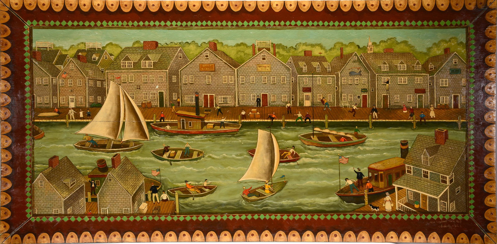 Steve L. Cult. New England Seaport.: Steve L. Cult. New England Seaport. Signed and titled. Paint on large board with varnish. Minor paint flake on one house, otherwise great condition. 65" w x 32" h (very large). Est. $400-600. Buyer is