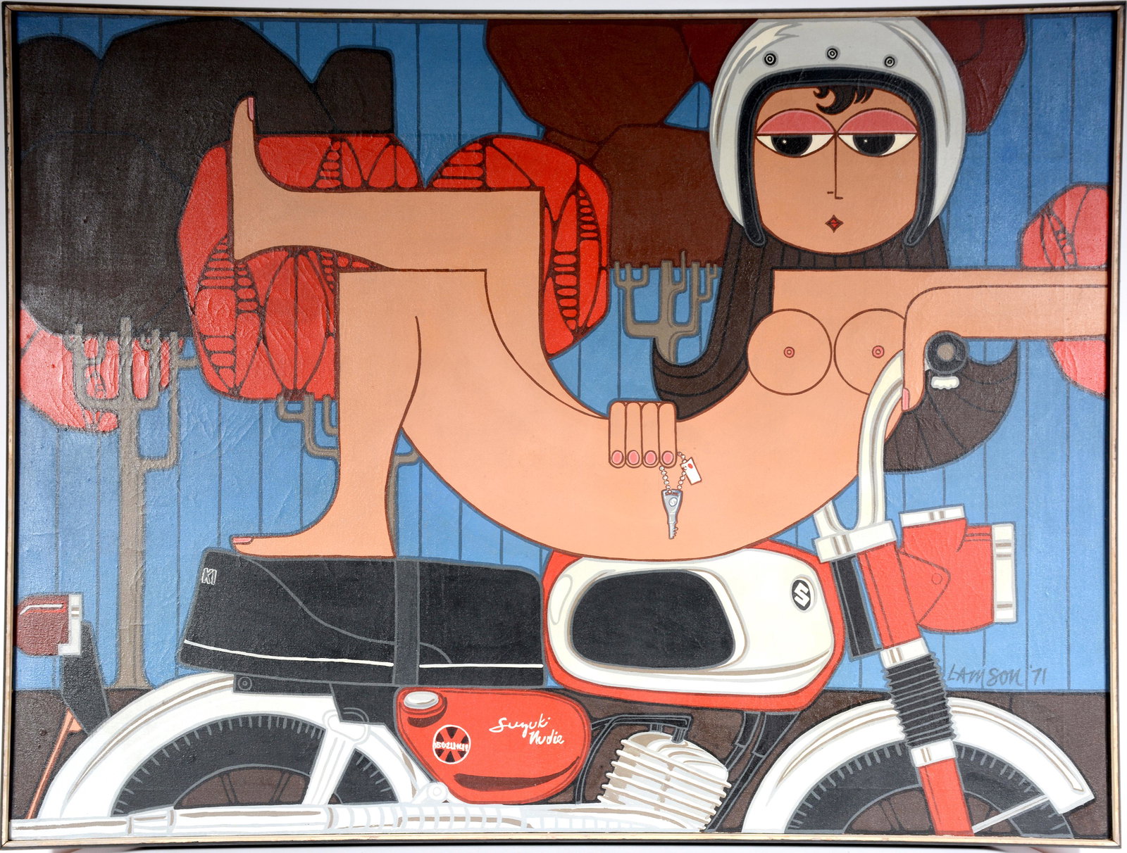 Lamson. Suzuki Nudie.: ï»¿Lamson (Ohio). Suzuki Nudie. 1971. Signed dated and titled. Acrylic on canvas. 48" w x 36" h including original artist frame. Great condition. Est. $300-500. Ship: $250