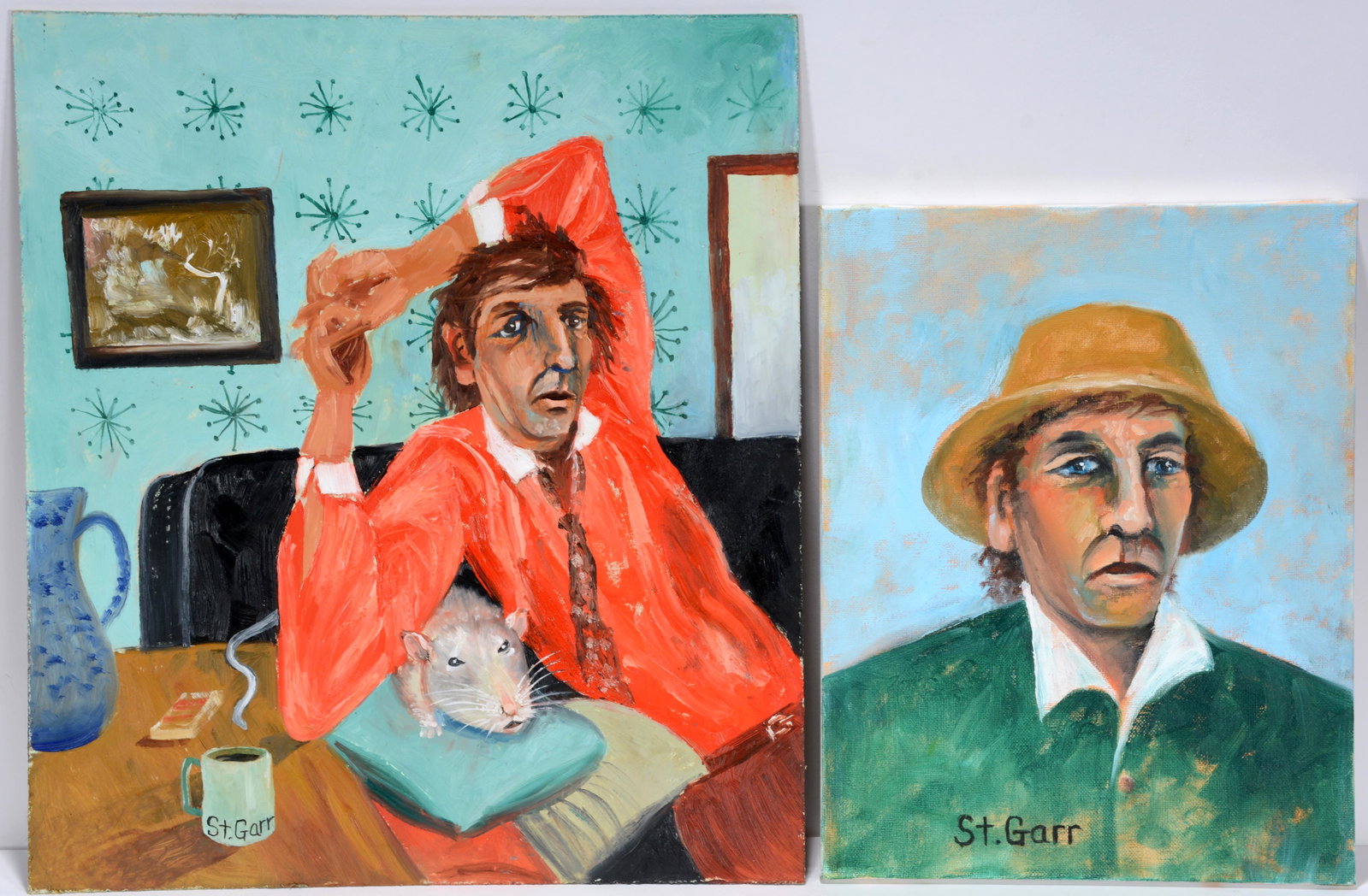 S. Thomas Garr. Pair of Self-Portraits.: S. Thomas Garr. Pair of Self-Portraits. Signed. Not dated. Oil on canvas and Masonite. Excellent condition. Largest is 16" x 18". Est. $200-300. Ship: $45