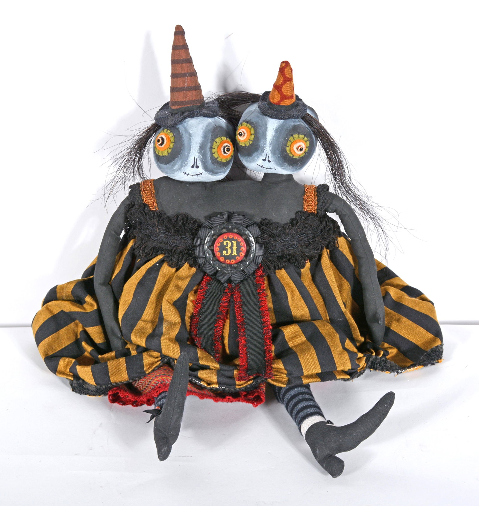 Lurena Sheary Williamson. Tattered Moon Dbl Head Witch.: Lurena Sheary Williamson. Tattered Moon Double head Witch Doll. Signed. Mixed media. Excellent condition. 20" h. Est. $100-200. Ship: $35